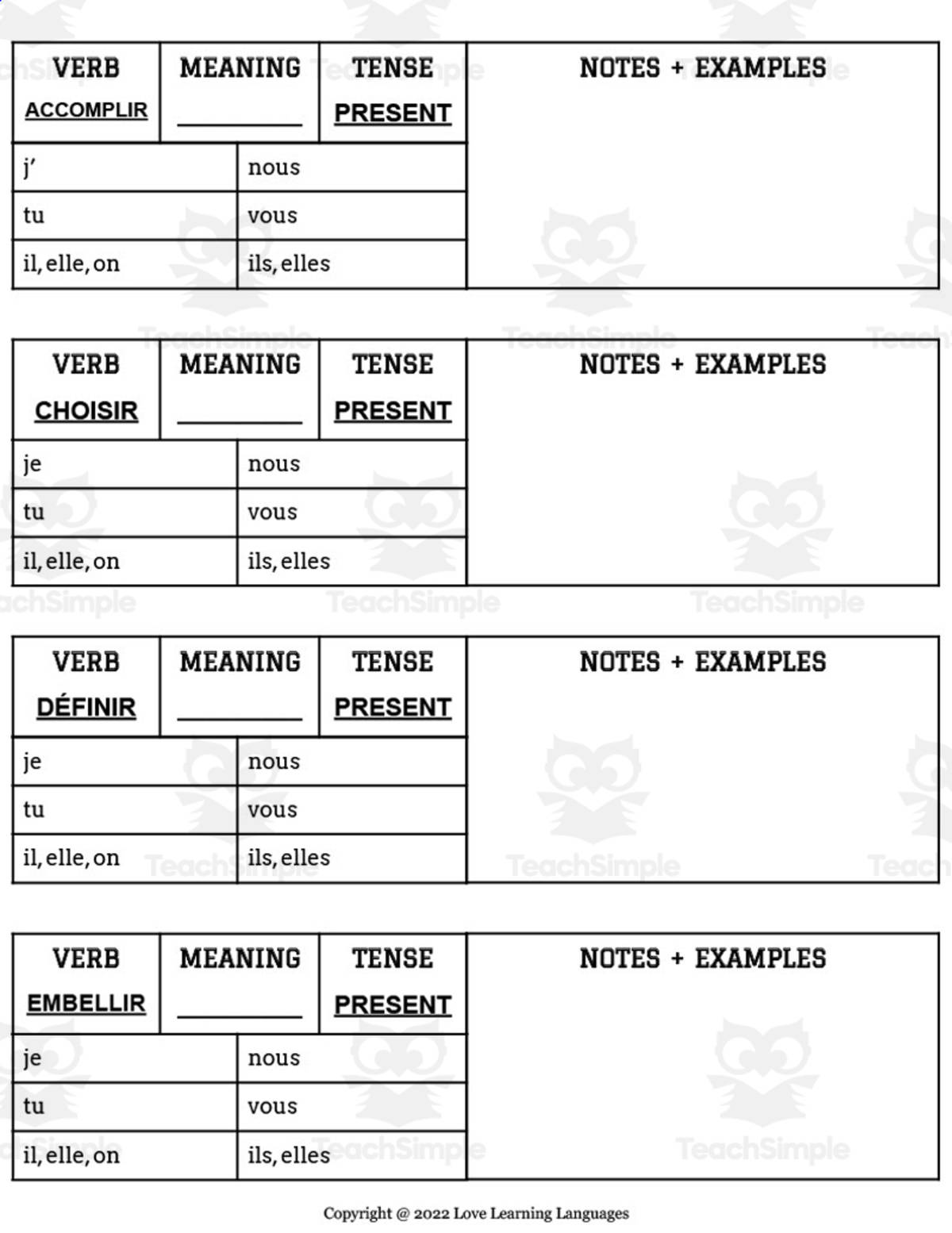 An educational teaching resource from Love Learning Languages entitled French: Conjugation Tables: Regular IR Verbs - Present downloadable at Teach Simple.