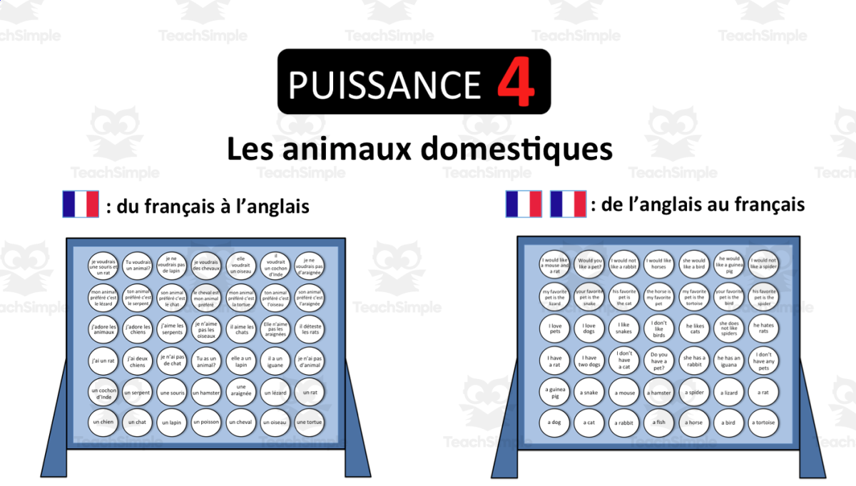 An educational teaching resource from Laprofdefrancais' Shop entitled French: Connect4- Pets- Speaking Game downloadable at Teach Simple.