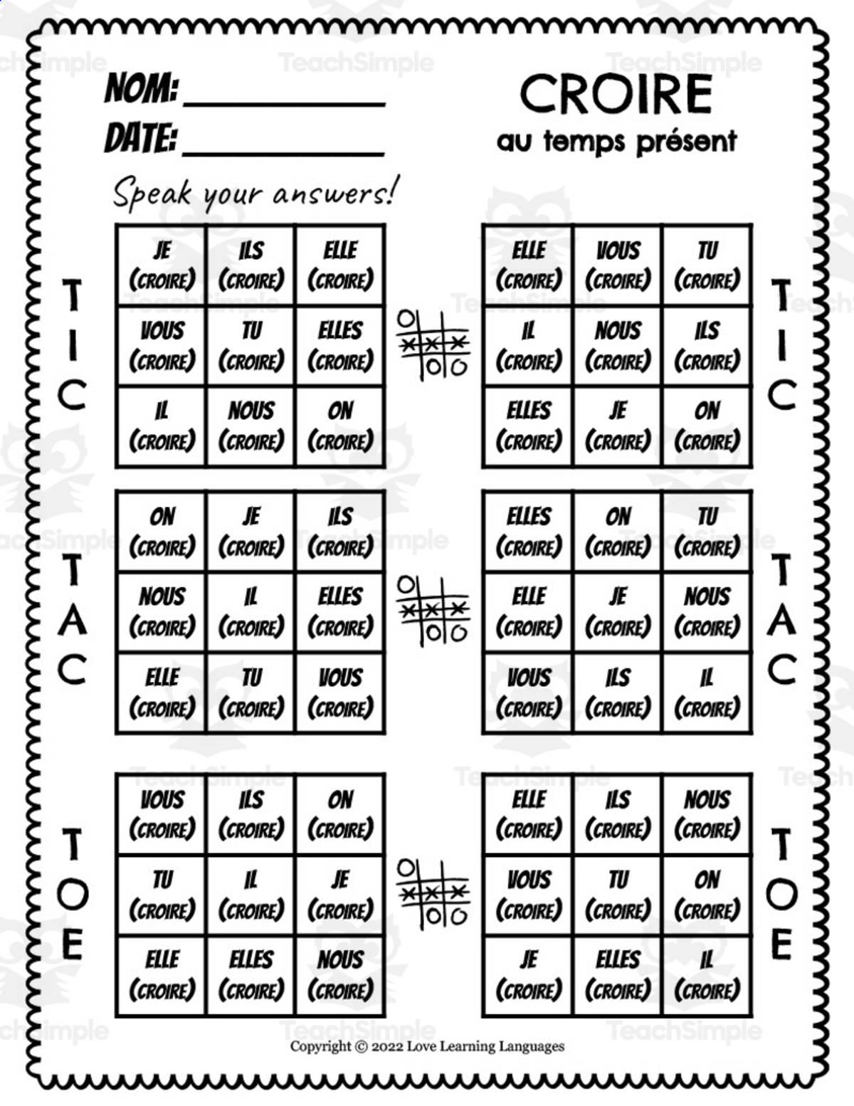 An educational teaching resource from Love Learning Languages entitled French: Croire Present Tense Tic Tac Toe Game downloadable at Teach Simple.