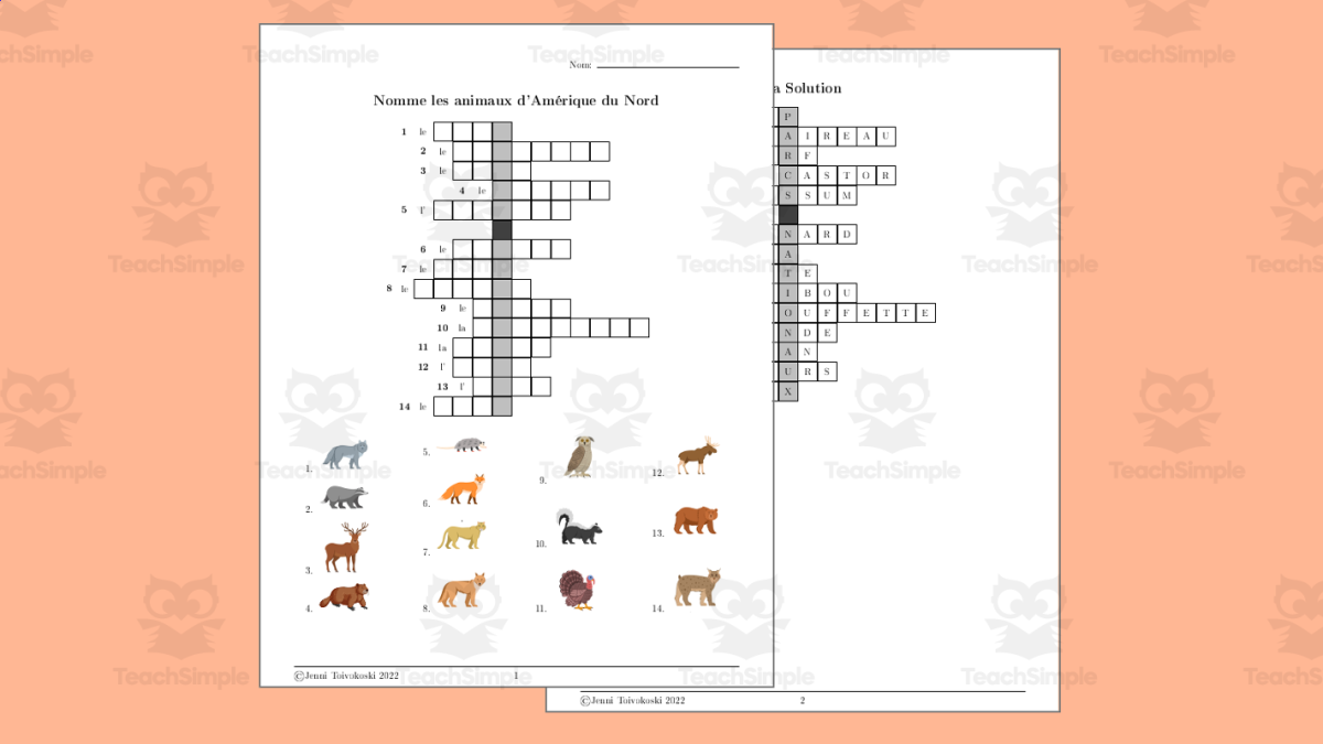 An educational teaching resource from TheBrightestKid entitled French Crossword: Animals of North America - les animaux d'Amérique du Nord downloadable at Teach Simple.