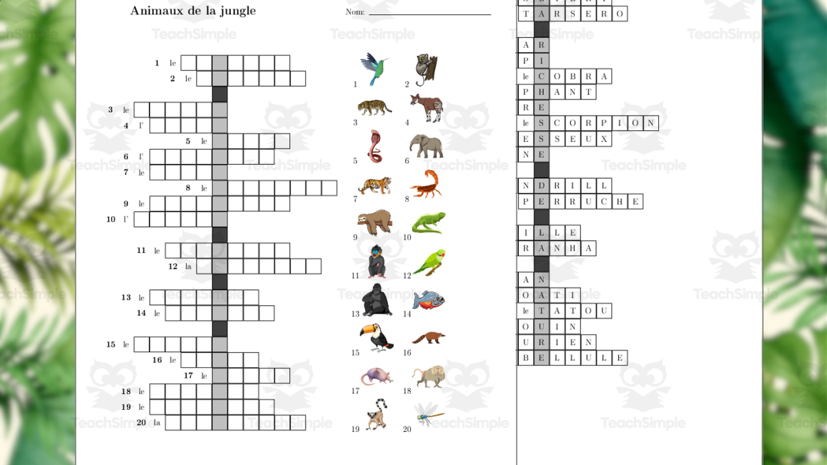 An educational teaching resource from TheBrightestKid entitled French Crossword Puzzle Jungle Animals - Animaux de la Jungle downloadable at Teach Simple.