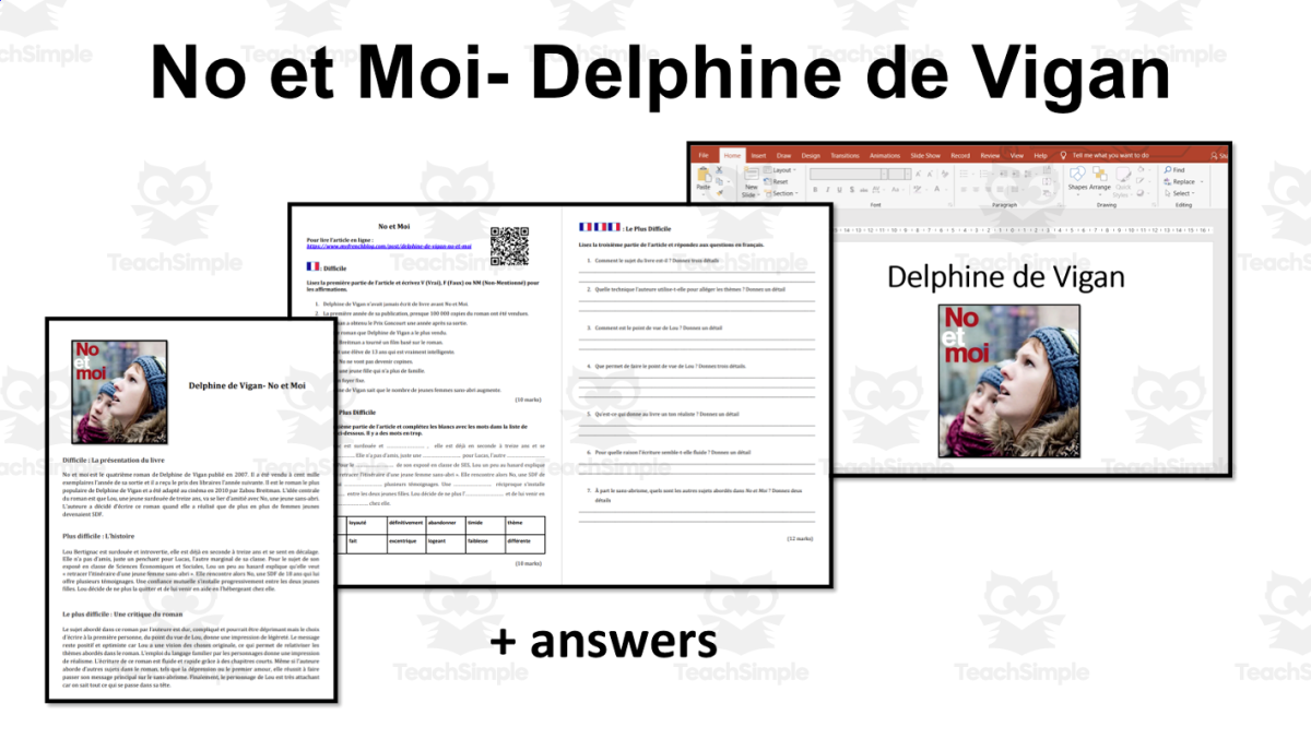 An educational teaching resource from Laprofdefrancais' Shop entitled French: Delphine de Vigan- No et Moi- Article and Worksheet downloadable at Teach Simple.