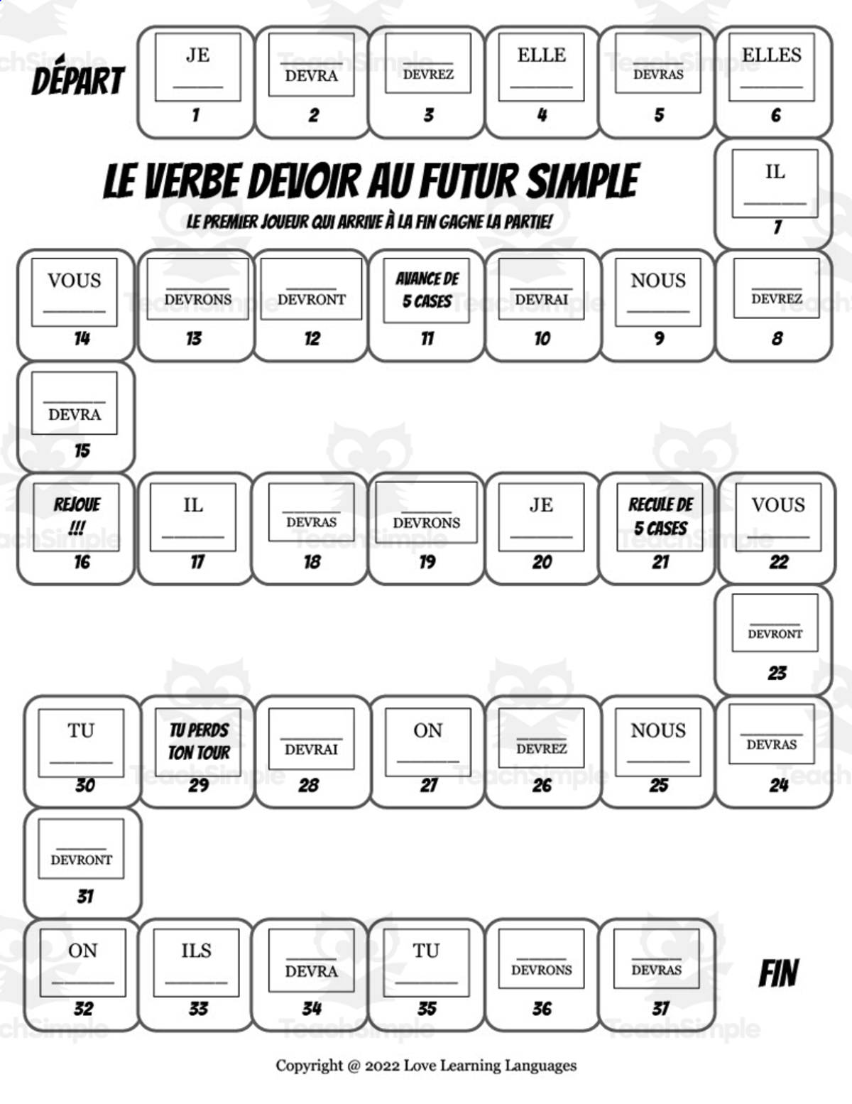 An educational teaching resource from Love Learning Languages entitled French: Devoir Conjugation Board Game - Futur Simple downloadable at Teach Simple.