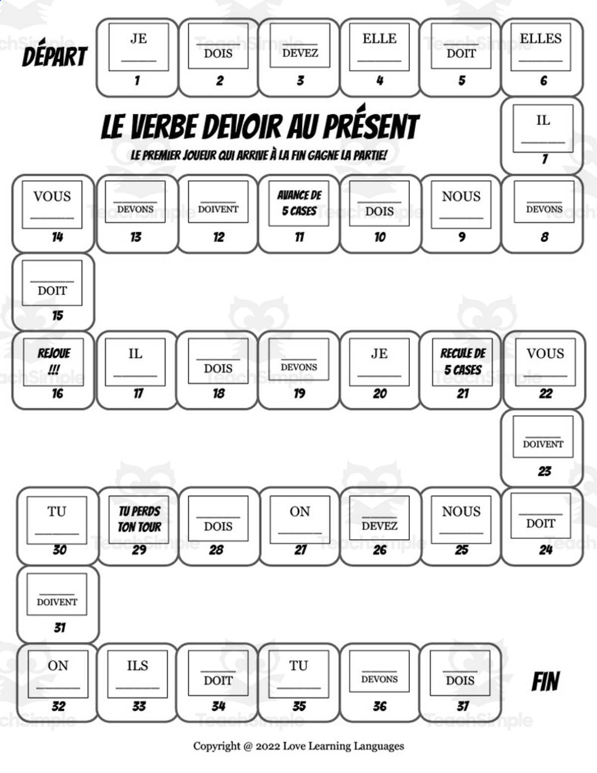 An educational teaching resource from Love Learning Languages entitled French: Devoir Conjugation Board Game - Present Tense downloadable at Teach Simple.