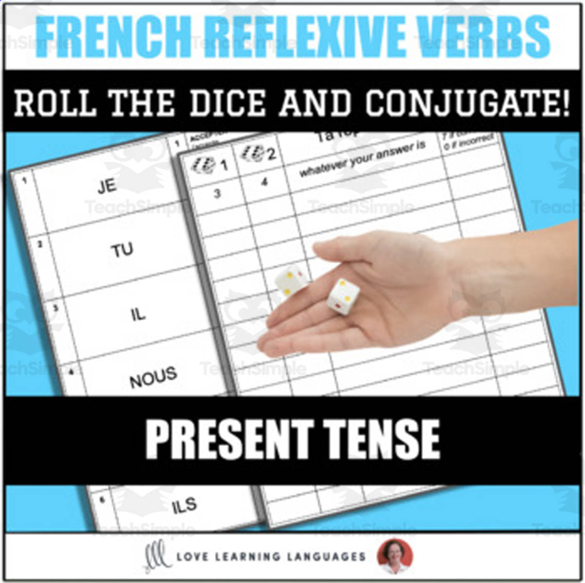 An educational teaching resource from Love Learning Languages entitled French Dice Game - Reflexive Verbs in the Present Tense downloadable at Teach Simple.