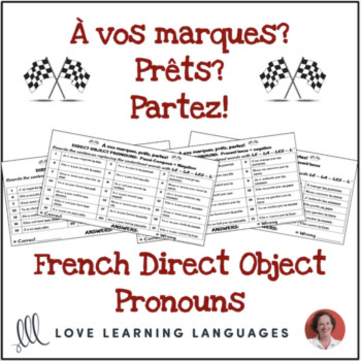 An educational teaching resource from Love Learning Languages entitled French direct object pronouns activity - À vos marques, prêts, partez! downloadable at Teach Simple.