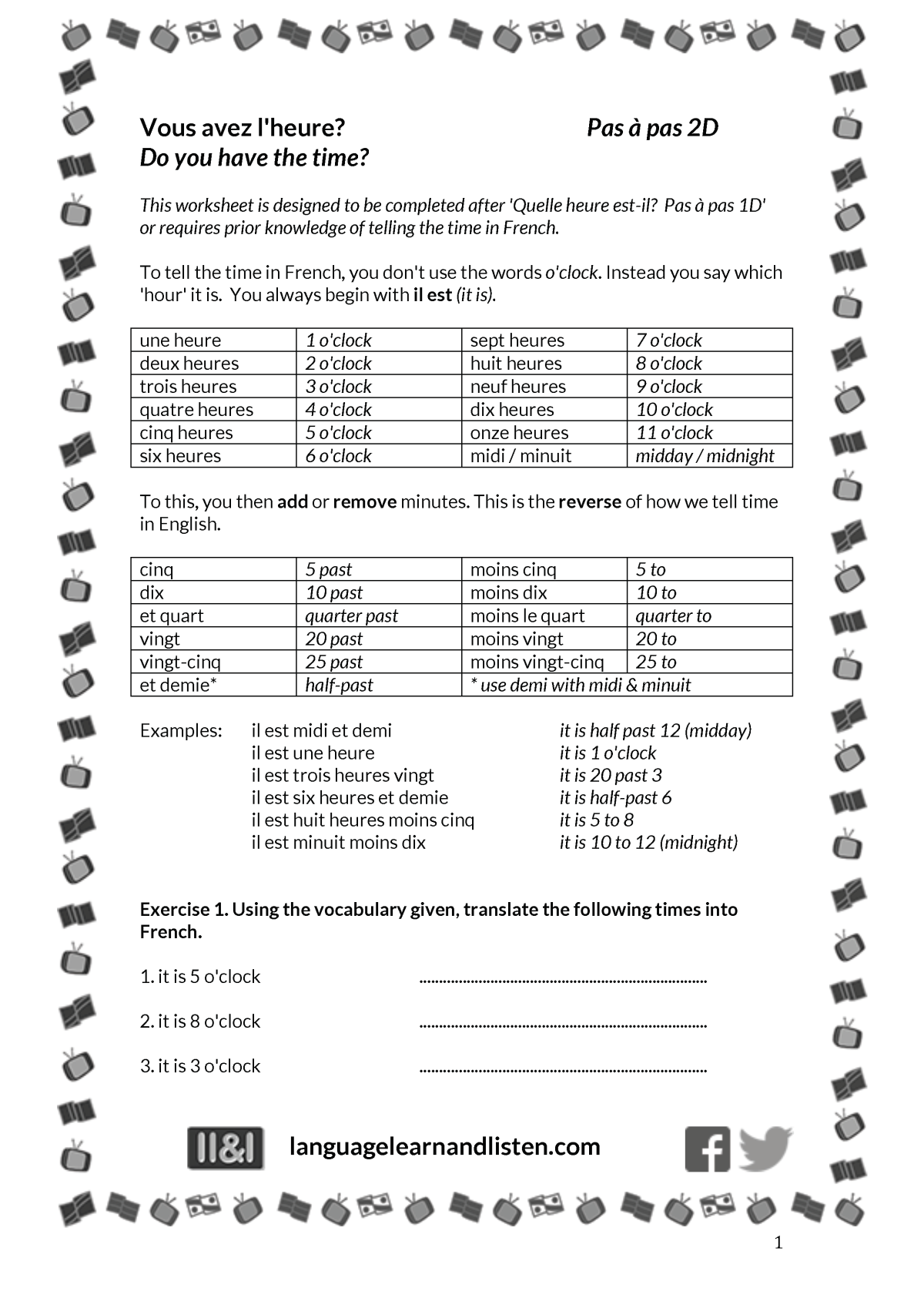 An educational teaching resource from Language Learn and Listen entitled French - Do you have the time? downloadable at Teach Simple.