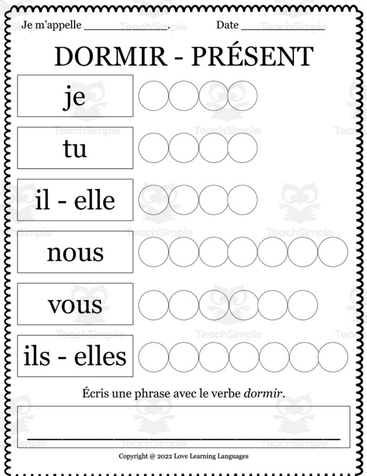 An educational teaching resource from Love Learning Languages entitled French: Dormir Present Tense Worksheet downloadable at Teach Simple.