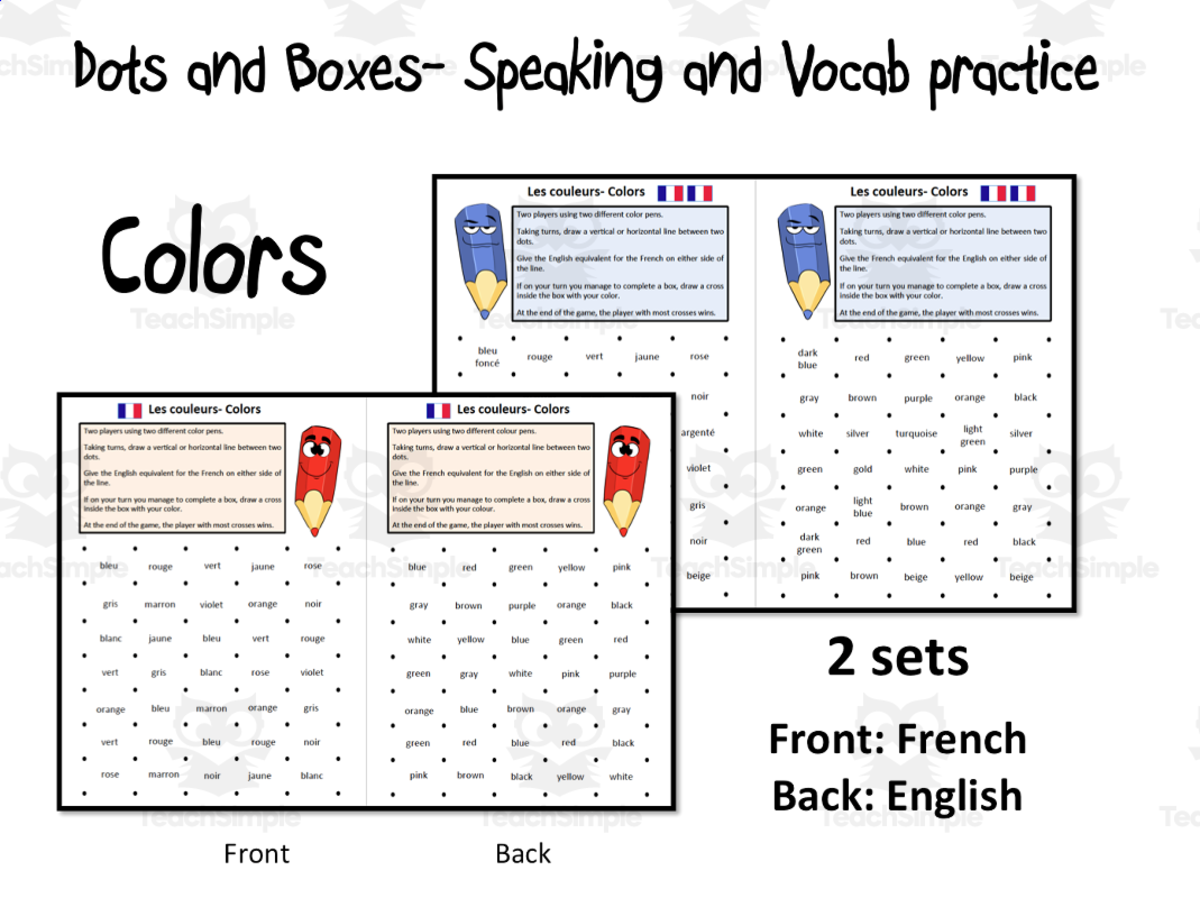 An educational teaching resource from Laprofdefrancais' Shop entitled French: dots and Boxes- Colors- Game downloadable at Teach Simple.