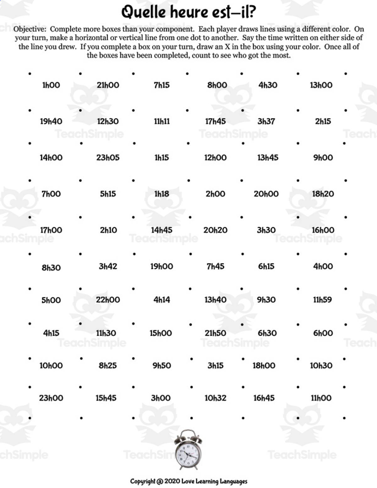 An educational teaching resource from Love Learning Languages entitled French: Dots and Boxes Game - 24 Hour Clock downloadable at Teach Simple.
