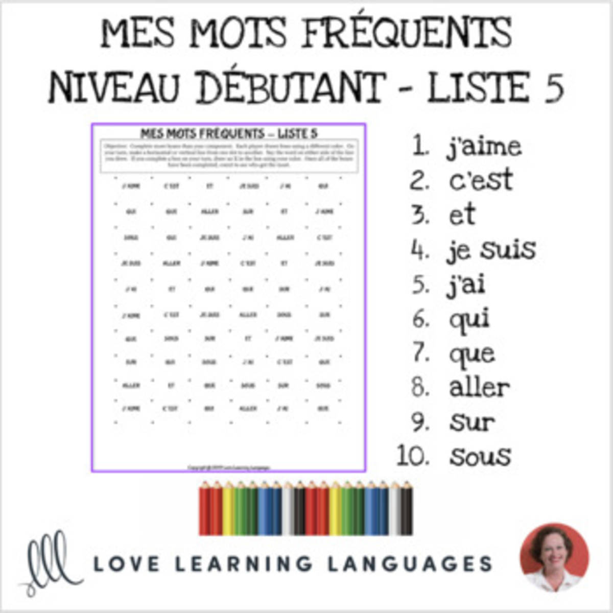 An educational teaching resource from Love Learning Languages entitled French: Dots and Boxes Game and Word Wall - Frequent Words List 5 downloadable at Teach Simple.