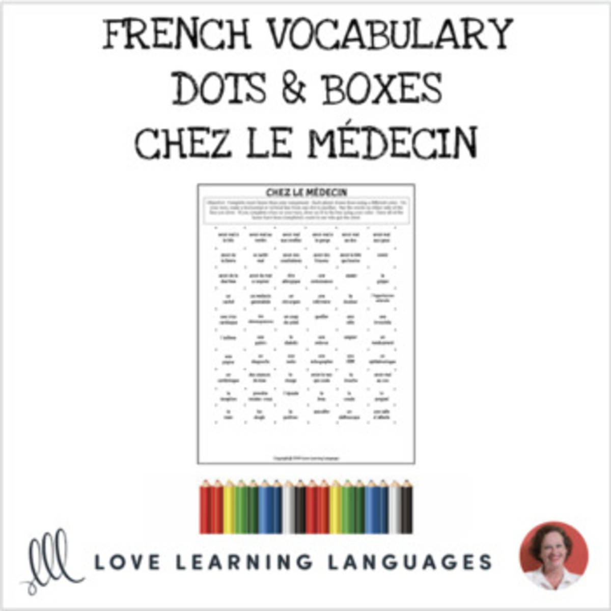 An educational teaching resource from Love Learning Languages entitled French Dots and Boxes Game - CHEZ LE MÉDECIN - No prep printable downloadable at Teach Simple.