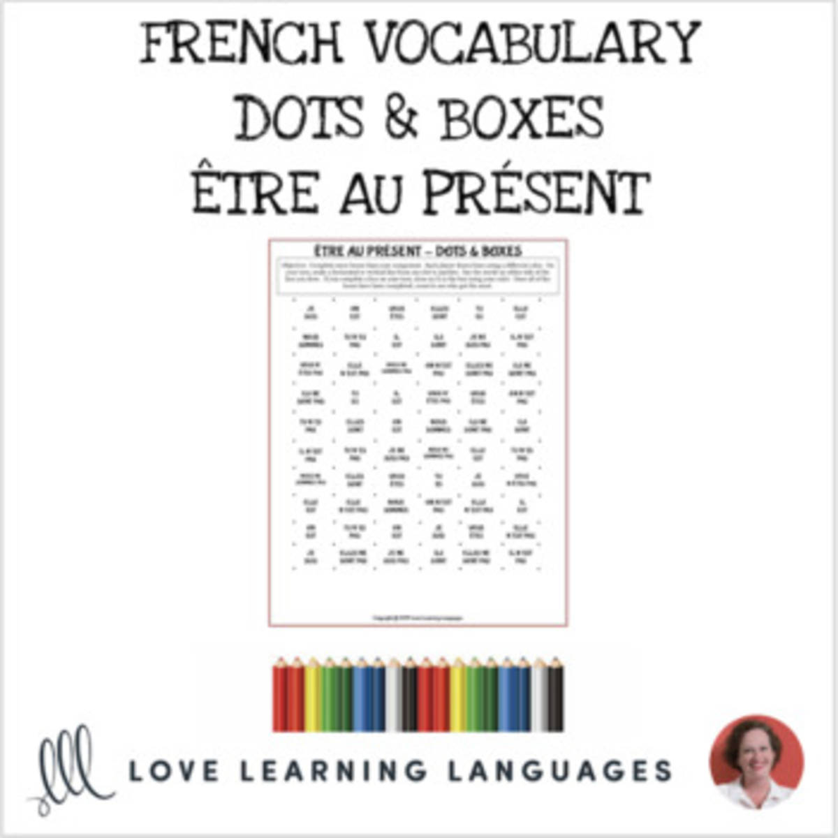 An educational teaching resource from Love Learning Languages entitled French Dots and Boxes Game - ÊTRE - PRESENT TENSE - No prep printable downloadable at Teach Simple.