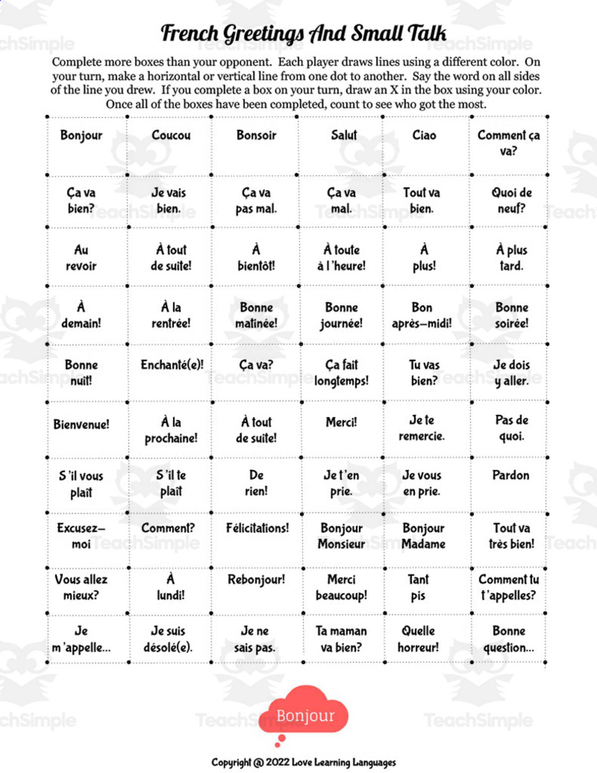 An educational teaching resource from Love Learning Languages entitled French: Dots and Boxes Game - Greetings downloadable at Teach Simple.