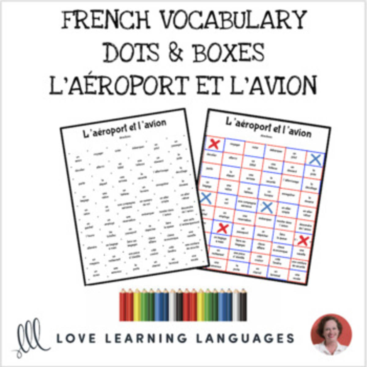 An educational teaching resource from Love Learning Languages entitled French Dots and Boxes Game - L'AÉROPORT - No prep printable downloadable at Teach Simple.
