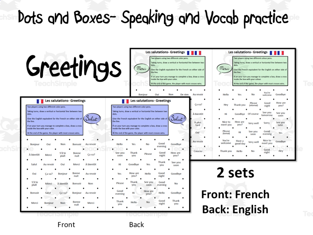 An educational teaching resource from Laprofdefrancais' Shop entitled French: Dots and Boxes- Greetings- Game downloadable at Teach Simple.