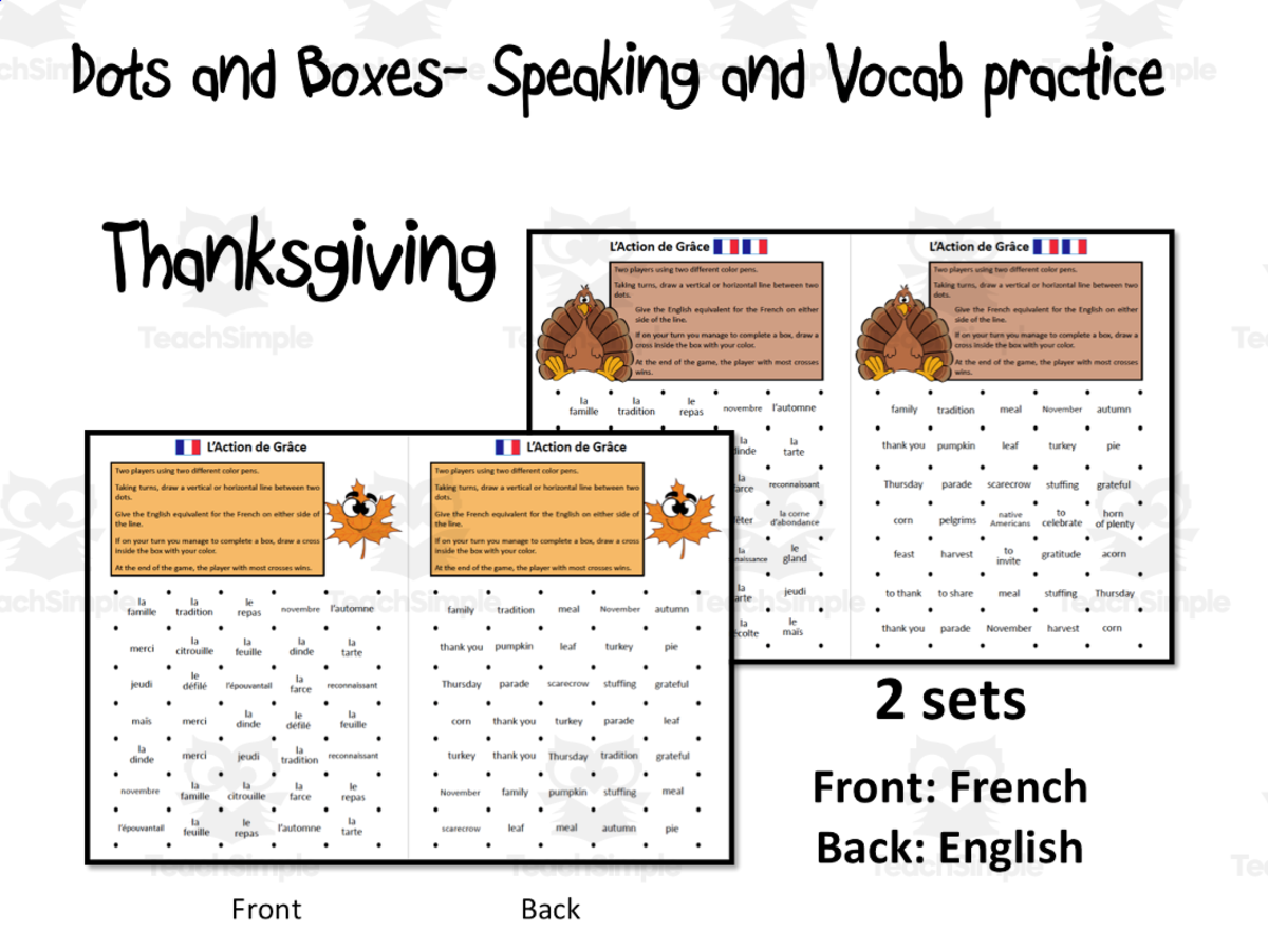 An educational teaching resource from Laprofdefrancais' Shop entitled French: Dots and Boxes- Thanksgiving- Game downloadable at Teach Simple.