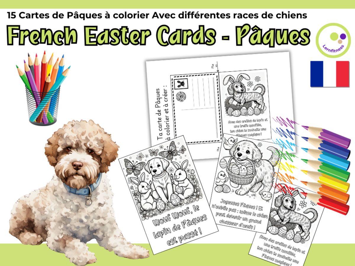 An educational teaching resource from Lernfitness entitled French: Easter Dog-Themed Coloring Cards - Creative Activity for Kids downloadable at Teach Simple.