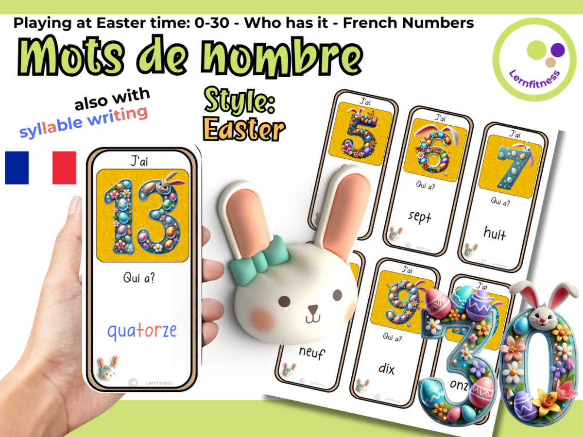 An educational teaching resource from Lernfitness entitled French: Easter-Themed Number Learning Game: Who Has It? FLE FLS FLI downloadable at Teach Simple.