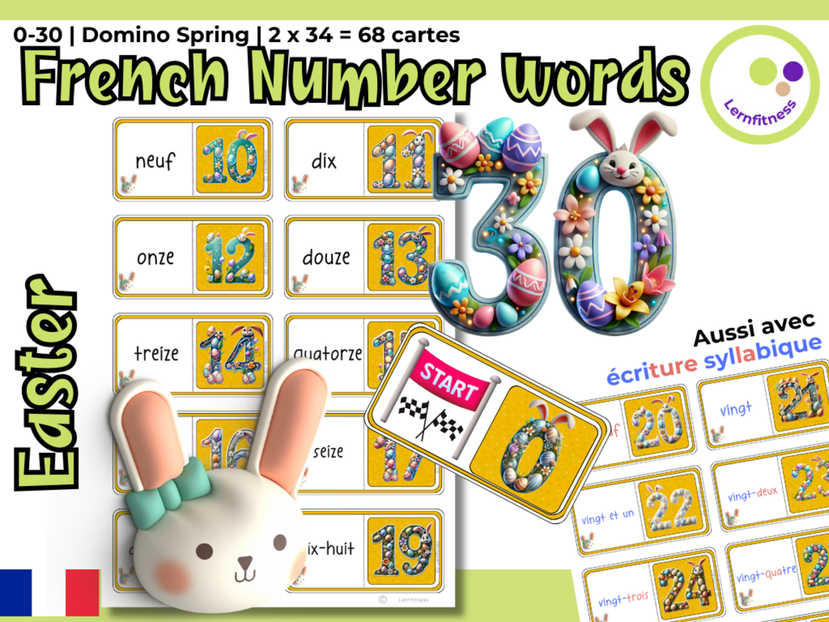 An educational teaching resource from Lernfitness entitled French: Easter-Themed Numbers Domino Game: Learning French FLE FLI FLS downloadable at Teach Simple.