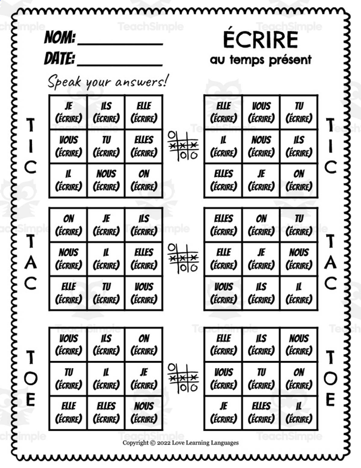 An educational teaching resource from Love Learning Languages entitled French: Ecrire Present Tense Tic Tac Toe Game downloadable at Teach Simple.