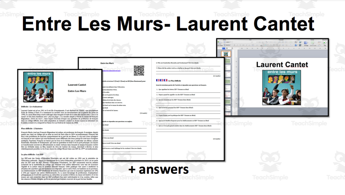 An educational teaching resource from Laprofdefrancais' Shop entitled French: Entre Les Murs- Cantet- Article and worksheet downloadable at Teach Simple.