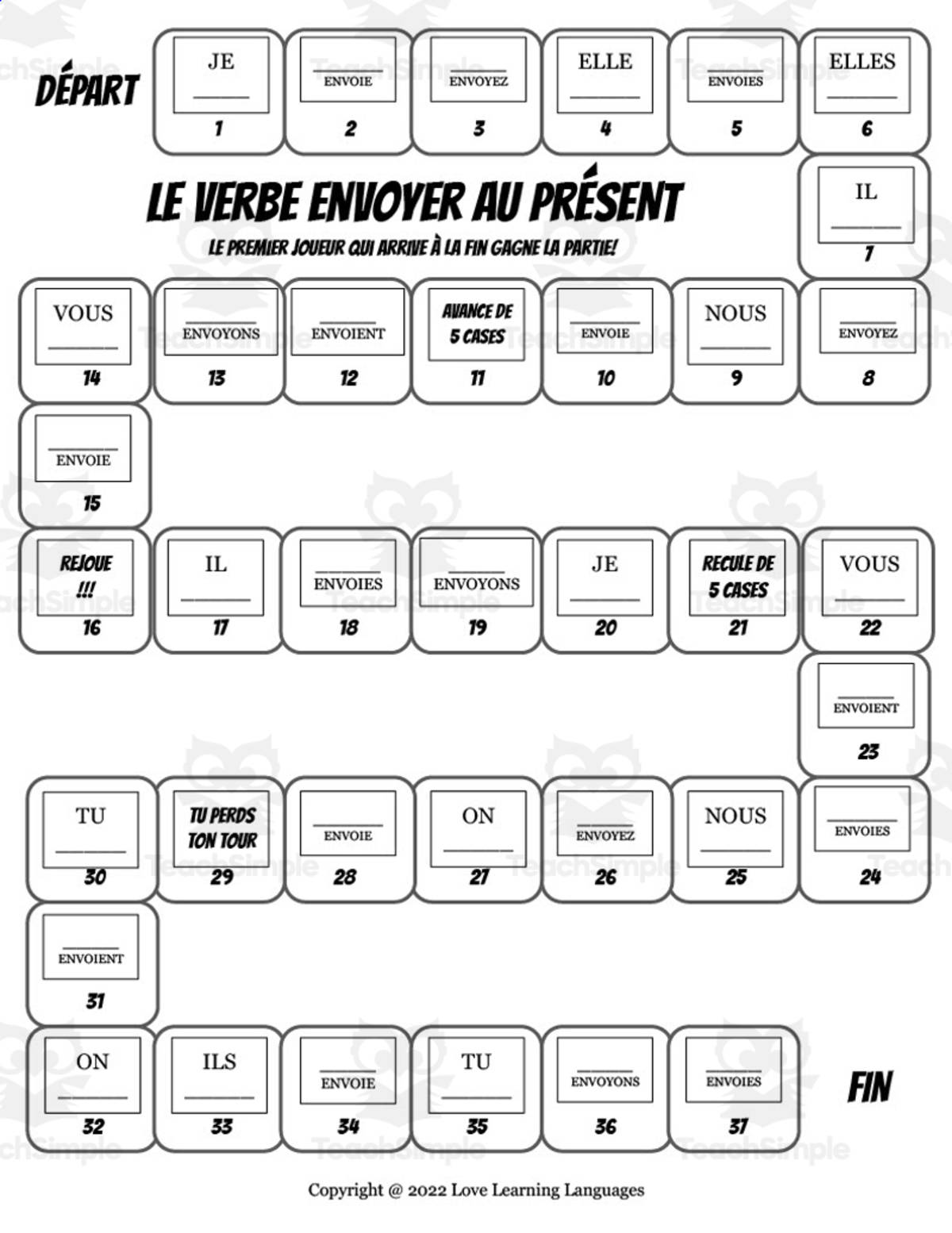 An educational teaching resource from Love Learning Languages entitled French: Envoyer Board Game - Present Tense downloadable at Teach Simple.