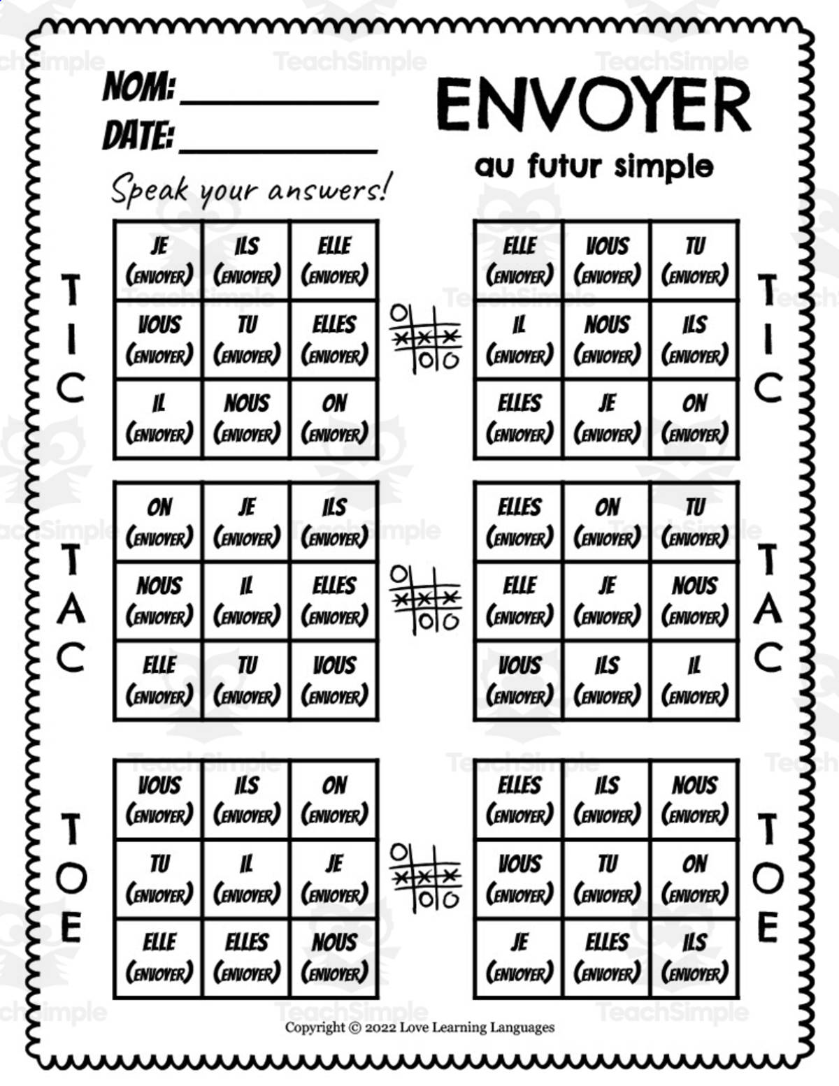 An educational teaching resource from Love Learning Languages entitled French: Envoyer Futur Simple Tic Tac Toe Game downloadable at Teach Simple.