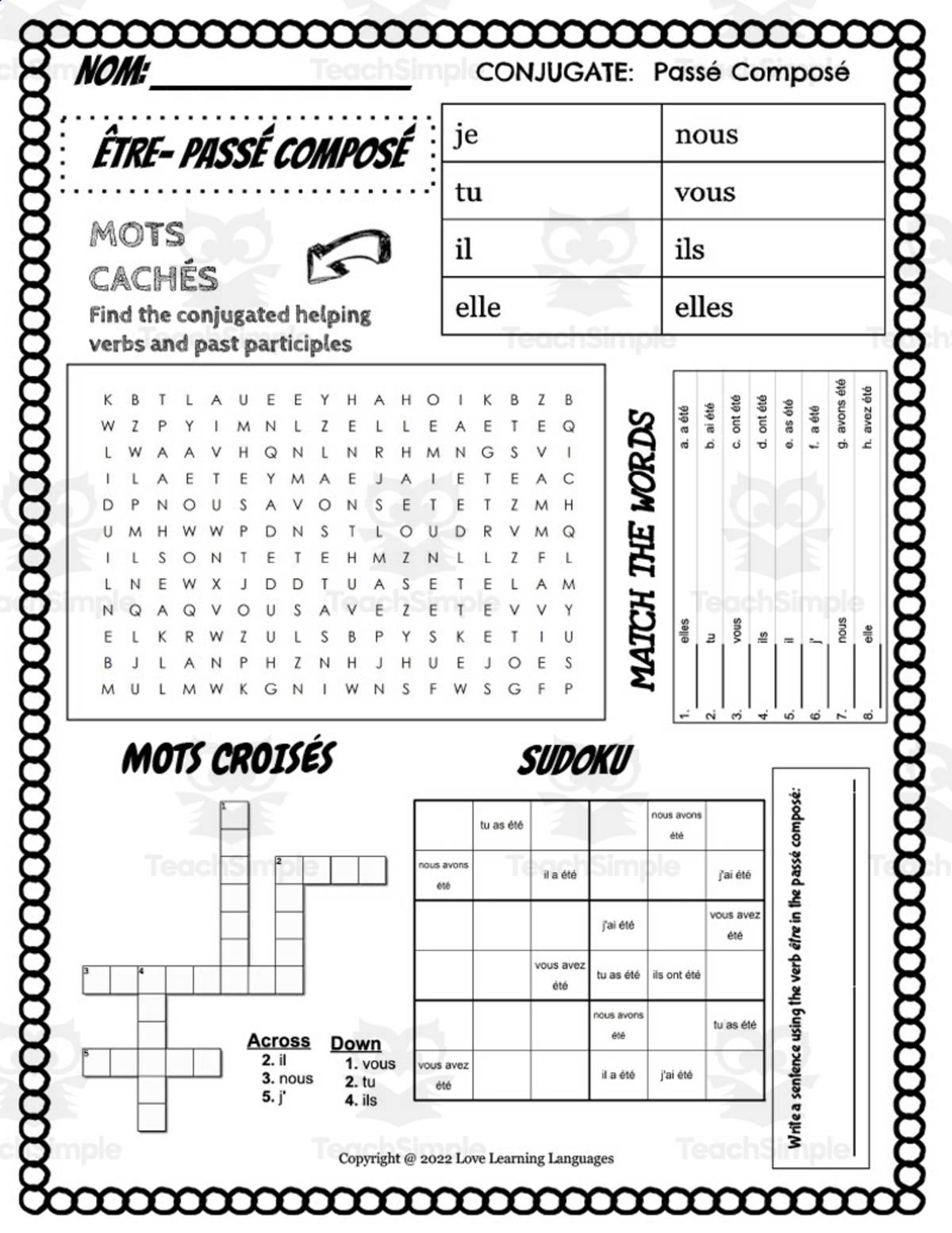 An educational teaching resource from Love Learning Languages entitled French: Etre Conjugation Worksheet downloadable at Teach Simple.