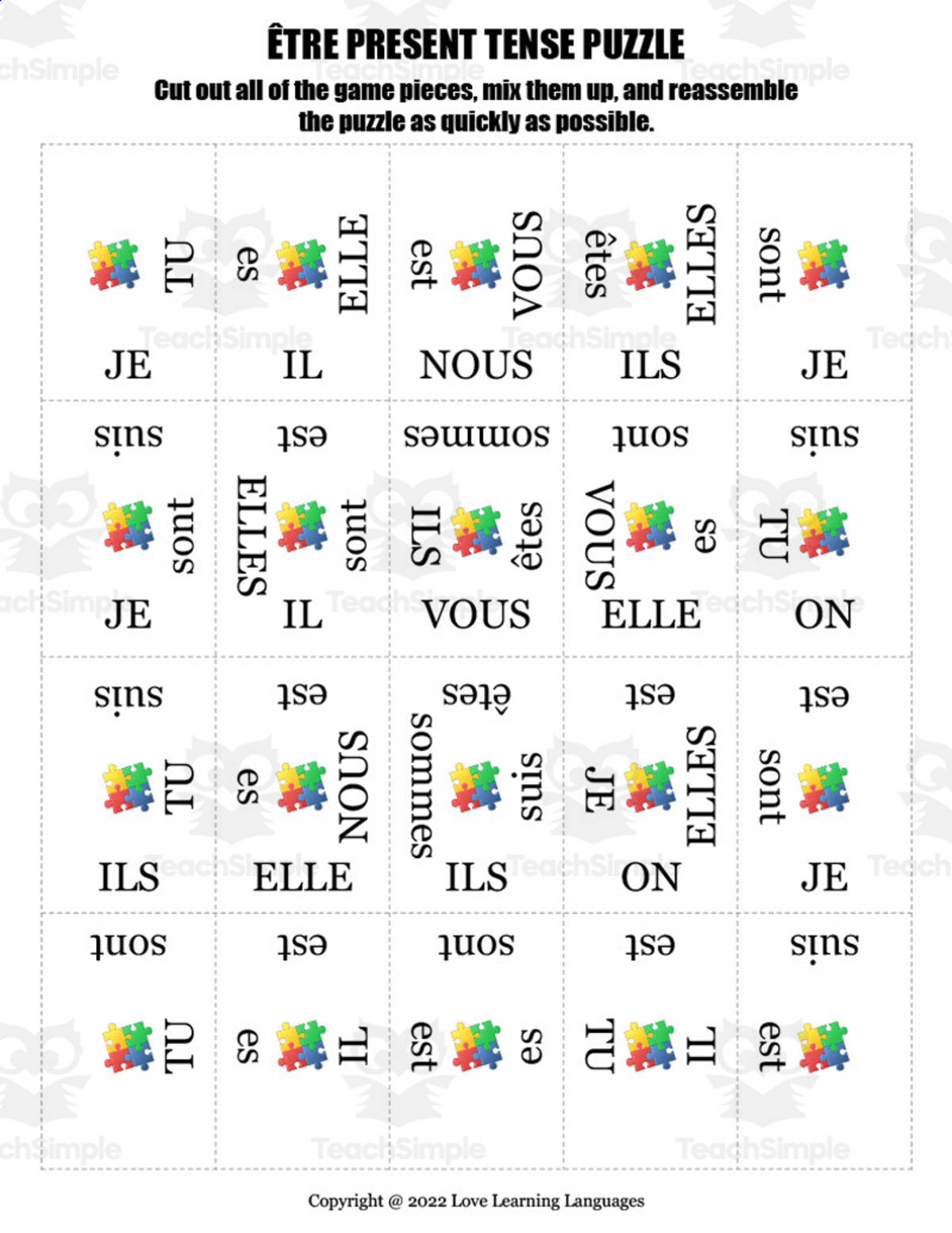 An educational teaching resource from Love Learning Languages entitled French: Etre Present Tense Puzzle downloadable at Teach Simple.
