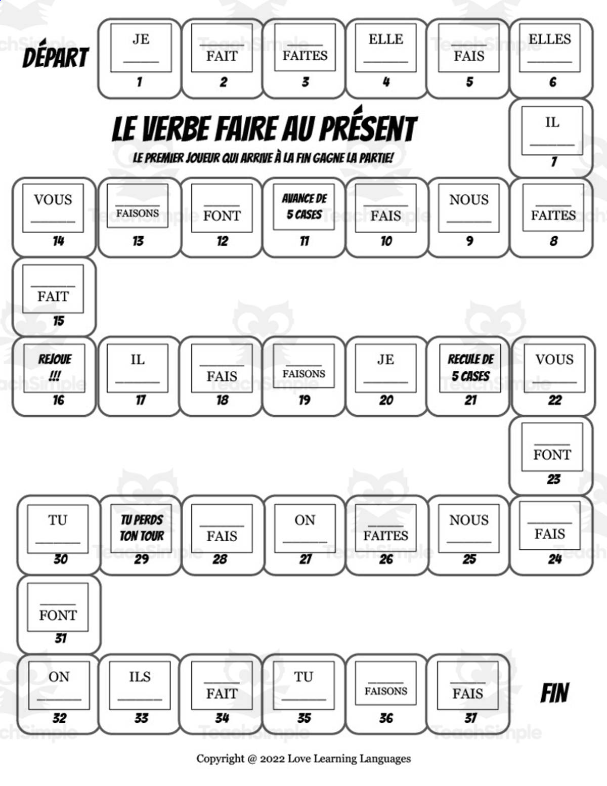 An educational teaching resource from Love Learning Languages entitled Faire Conjugation Board Game – Present Tense downloadable at Teach Simple.