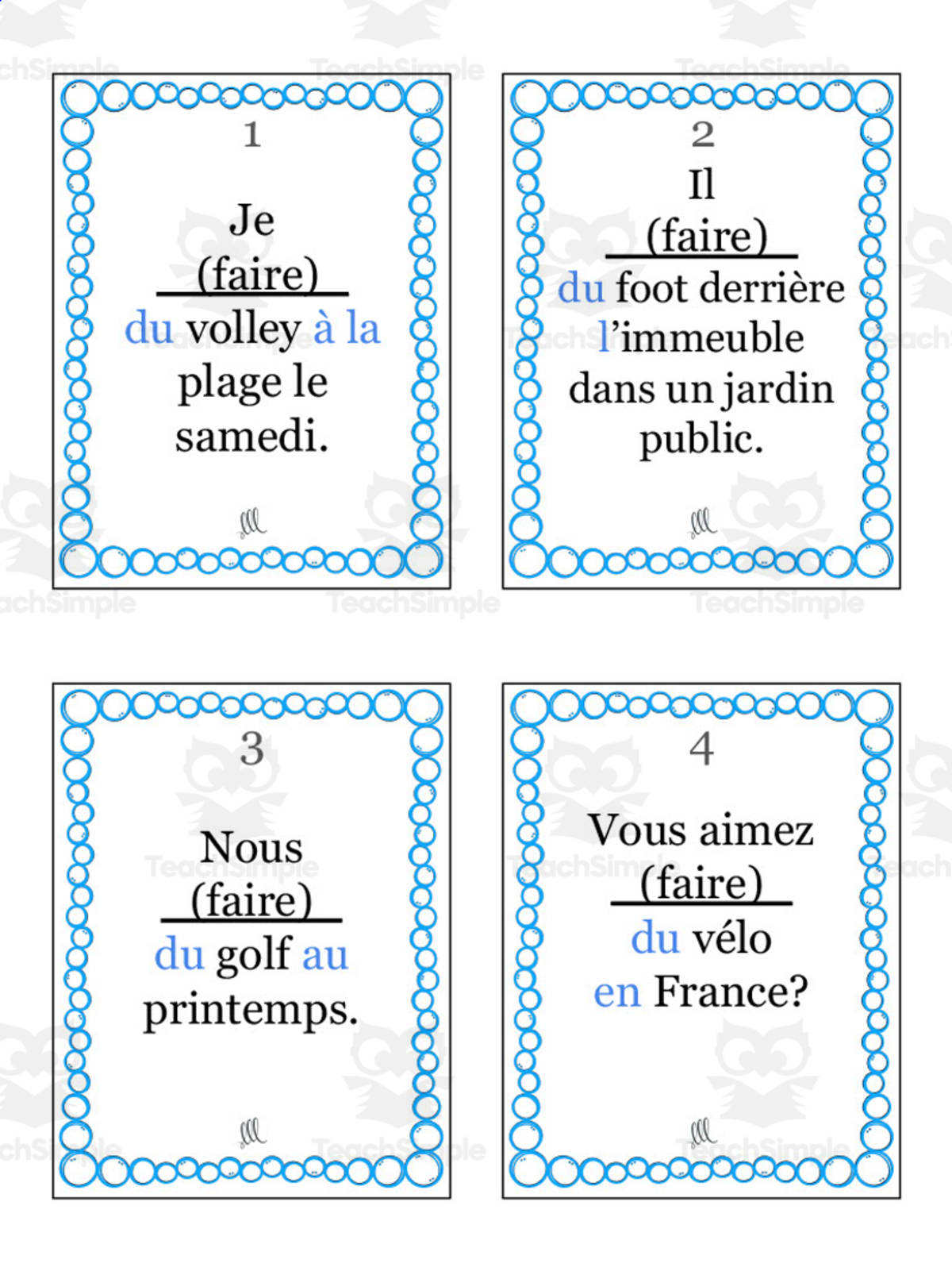 An educational teaching resource from Love Learning Languages entitled French: Faire Practice Cards downloadable at Teach Simple.