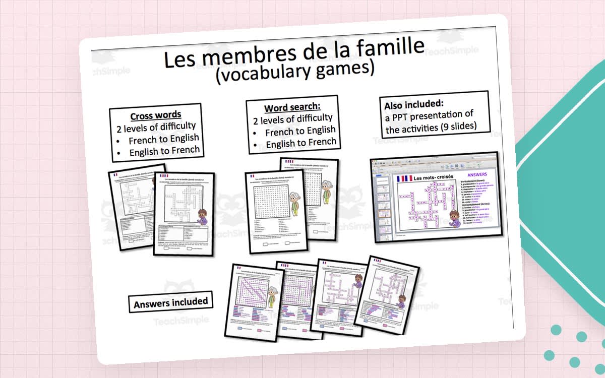 An educational teaching resource from Laprofdefrancais' Shop entitled French: Family- word search and Crosswords- Games downloadable at Teach Simple.