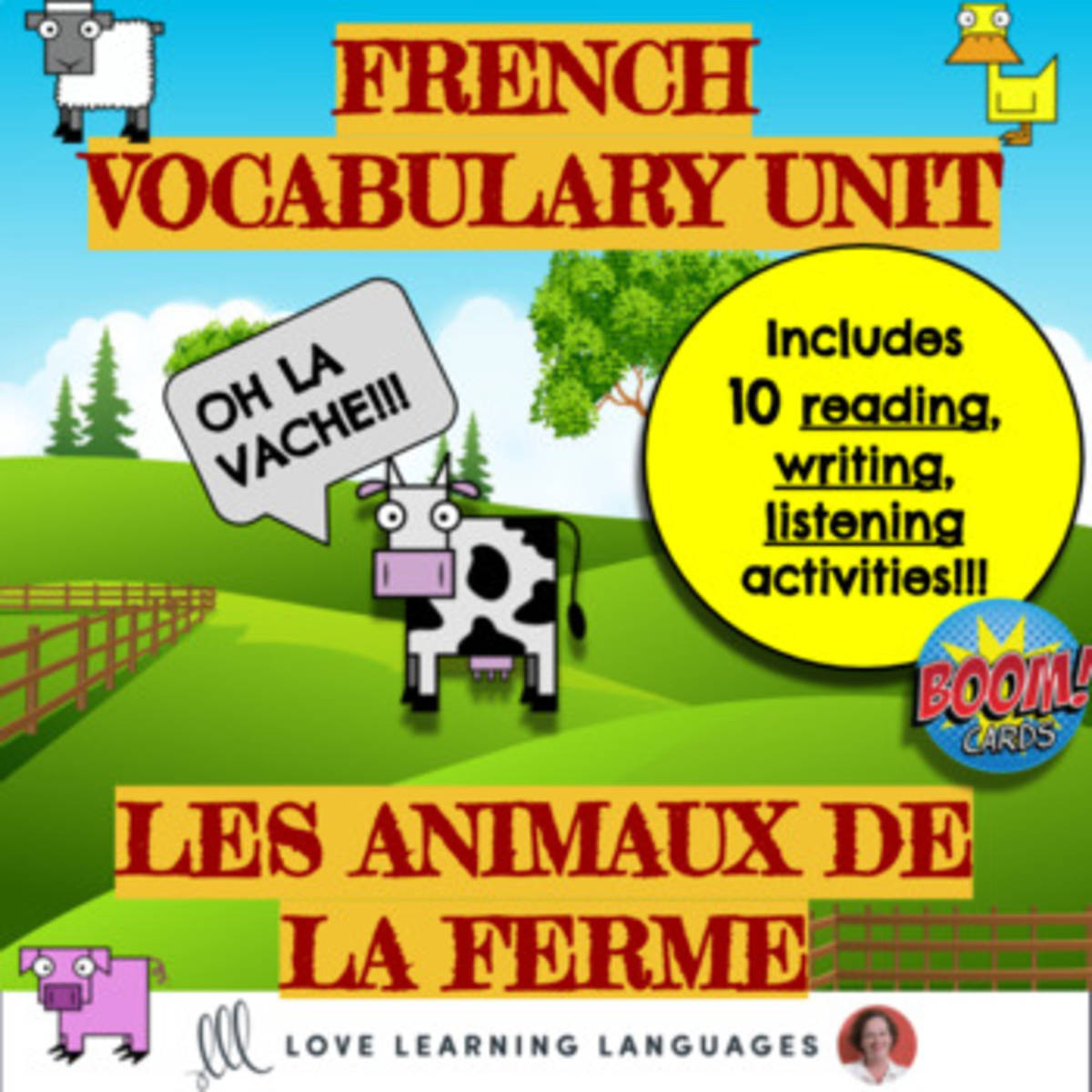 An educational teaching resource from Love Learning Languages entitled French Farm Animals Vocabulary Unit with Boom Cards downloadable at Teach Simple.