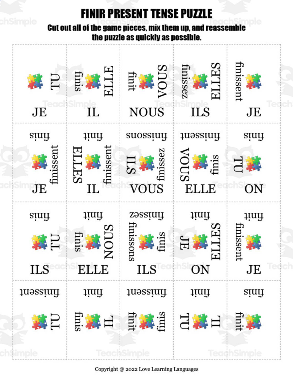 An educational teaching resource from Love Learning Languages entitled French: Finir Present Tense Puzzle downloadable at Teach Simple.