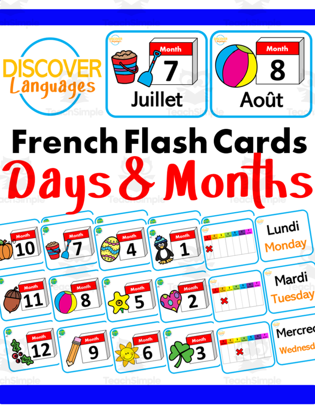 An educational teaching resource from Discover Languages entitled French Flash Cards - Days & Months - Jours et Mois downloadable at Teach Simple.