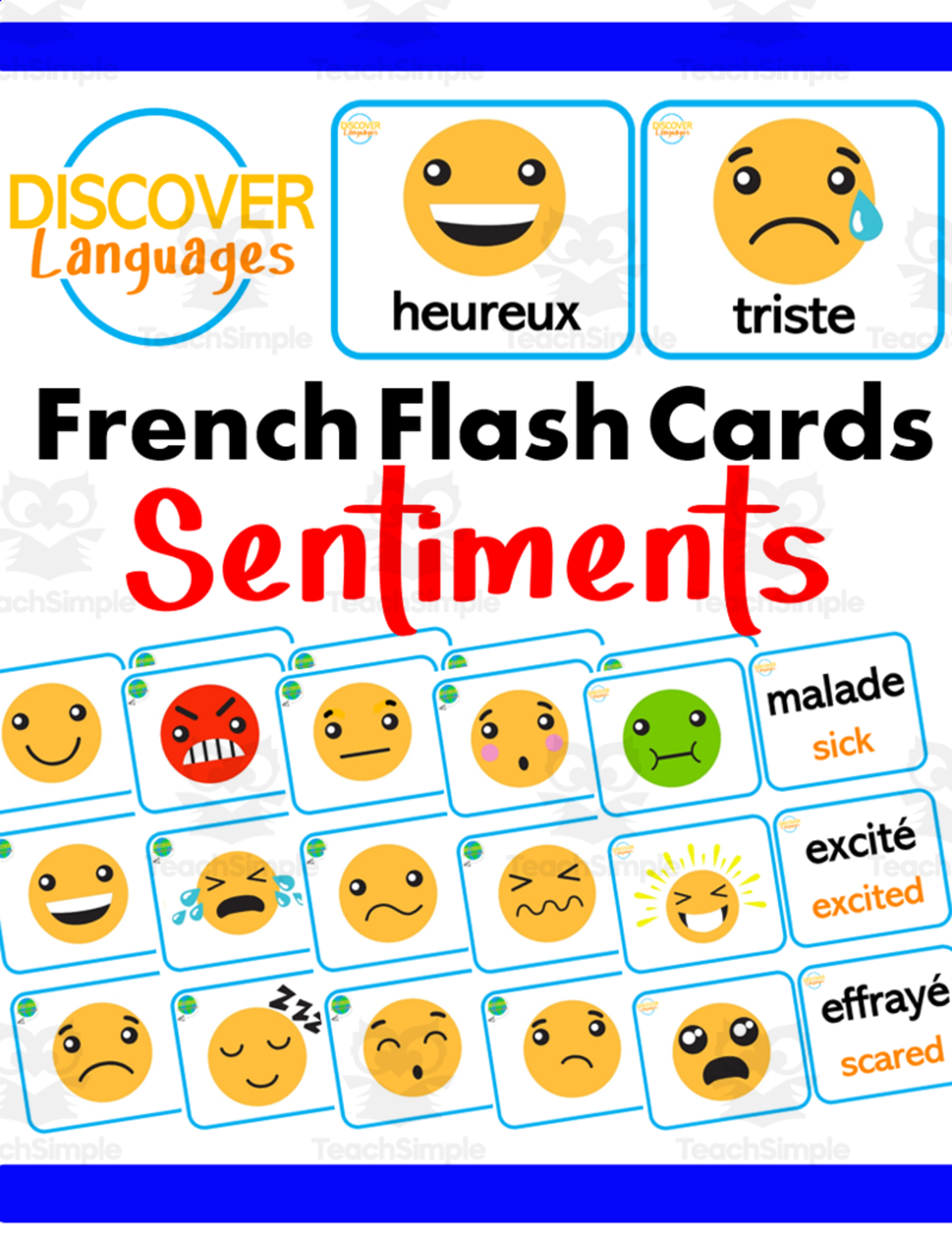 An educational teaching resource from Discover Languages entitled French Flash Cards - Feelings - Emotions - Sentiments downloadable at Teach Simple.