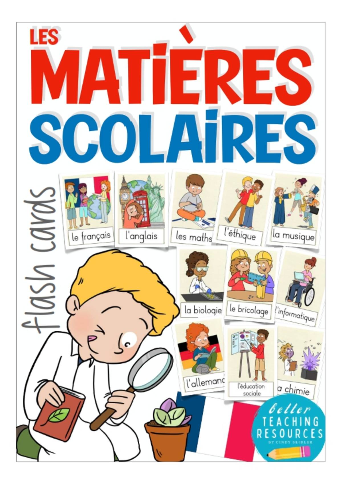 An educational teaching resource from Better Teaching Resources entitled French Flash Cards: Les Matieres Scolaires / School subjects downloadable at Teach Simple.