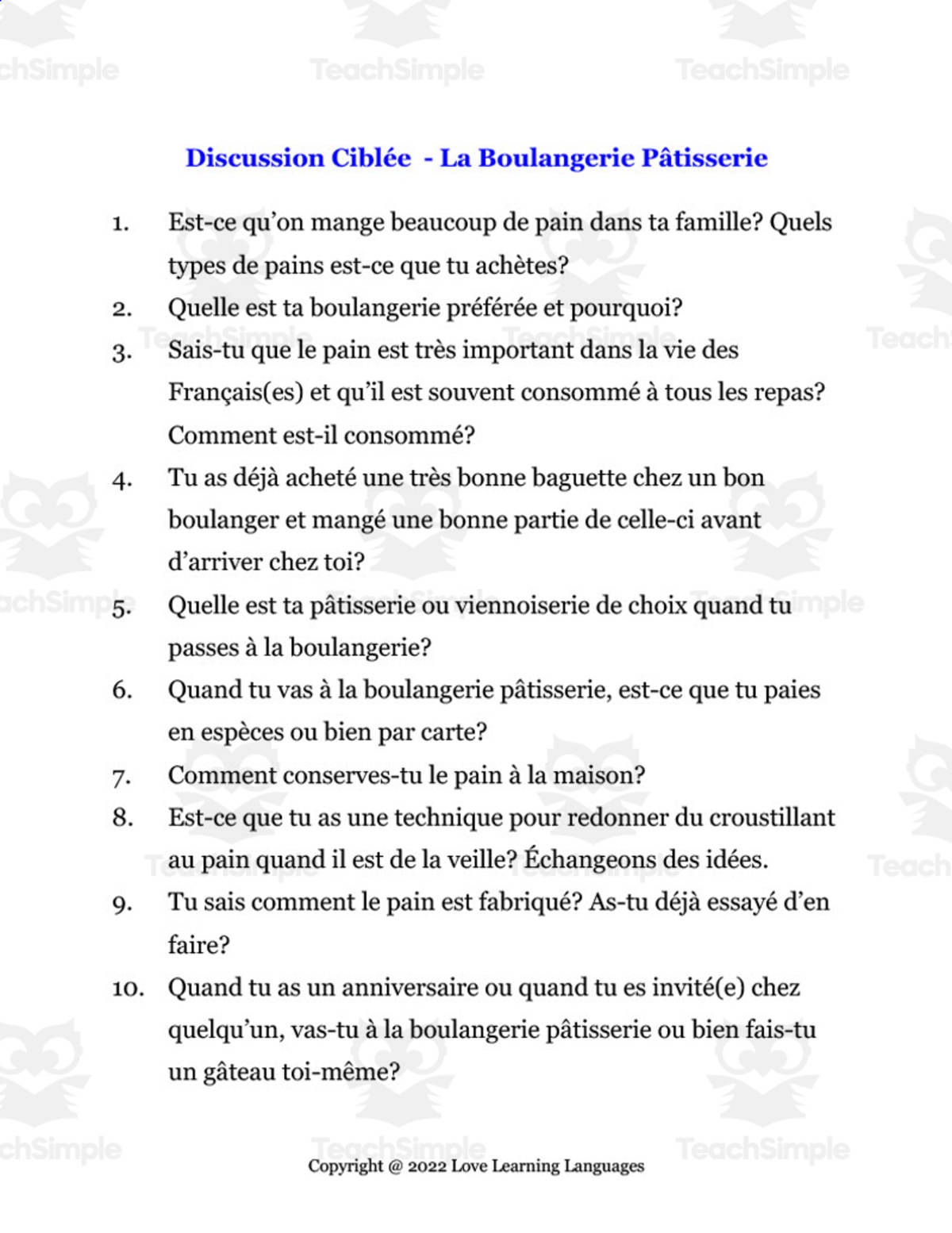 An educational teaching resource from Love Learning Languages entitled French: Focused Discussion - The Bakery Pastry Worksheet downloadable at Teach Simple.