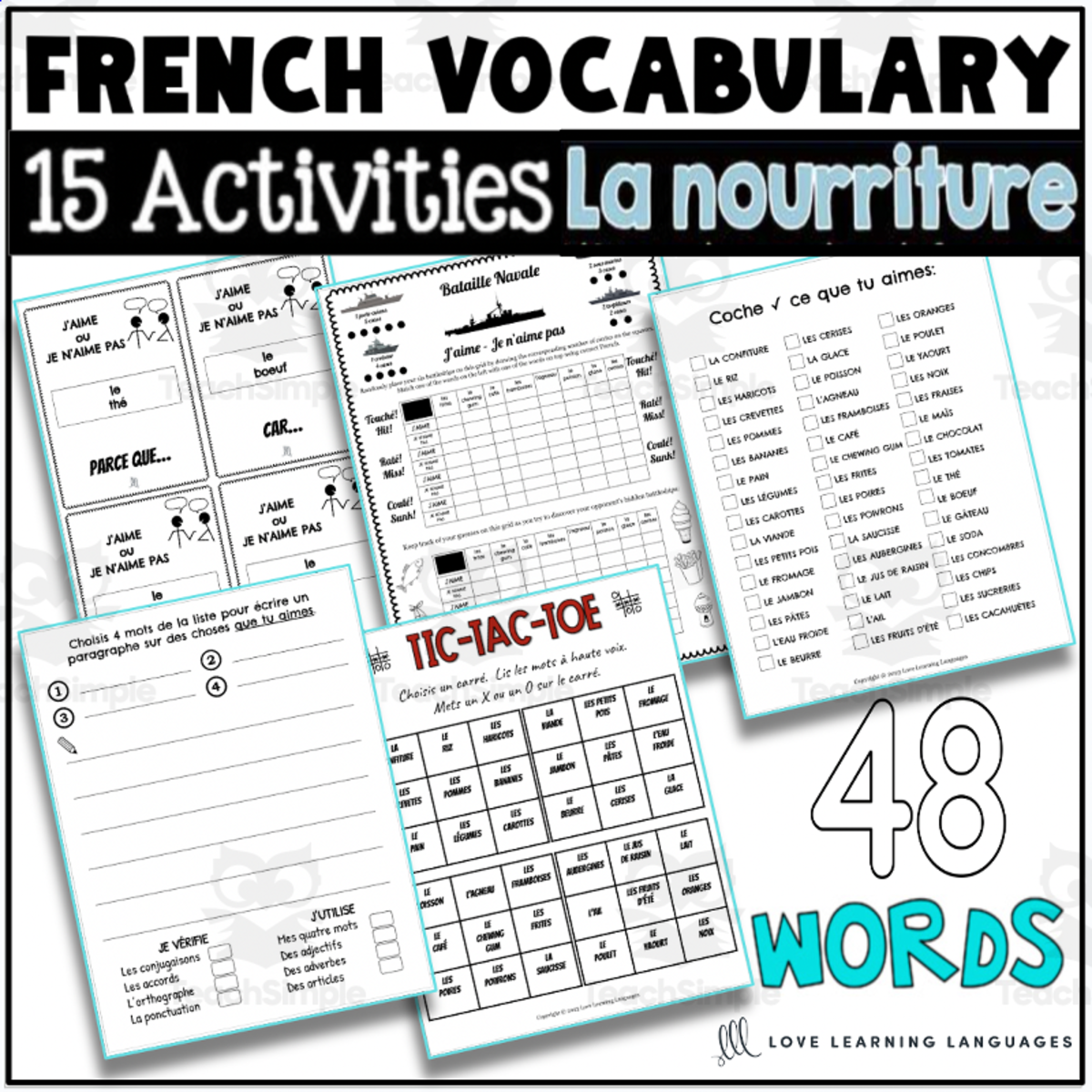 An educational teaching resource from Love Learning Languages entitled French Food Vocabulary Writing and Speaking Activities Packet - LA NOURRITURE downloadable at Teach Simple.