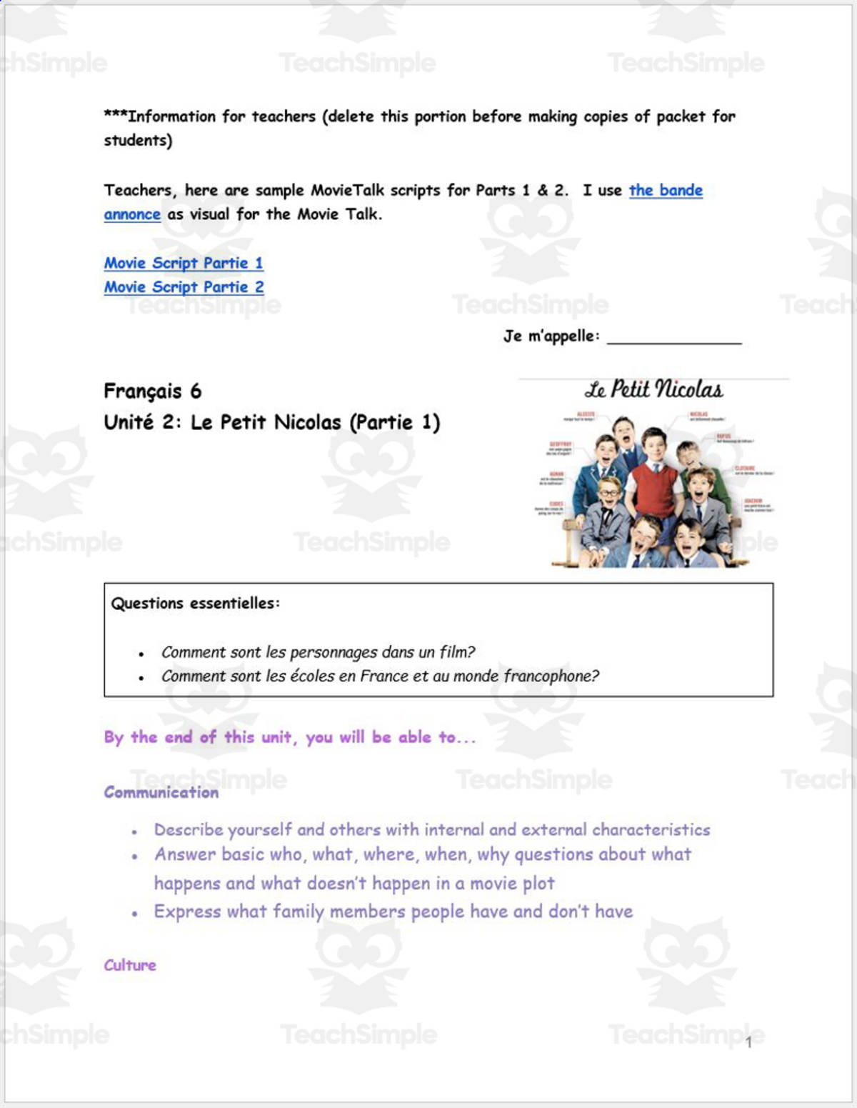 An educational teaching resource from Madame Murphy Comprehensible Culture entitled French: Français 6 Unité 2: Le Petit Nicolas (Partie 1) downloadable at Teach Simple.