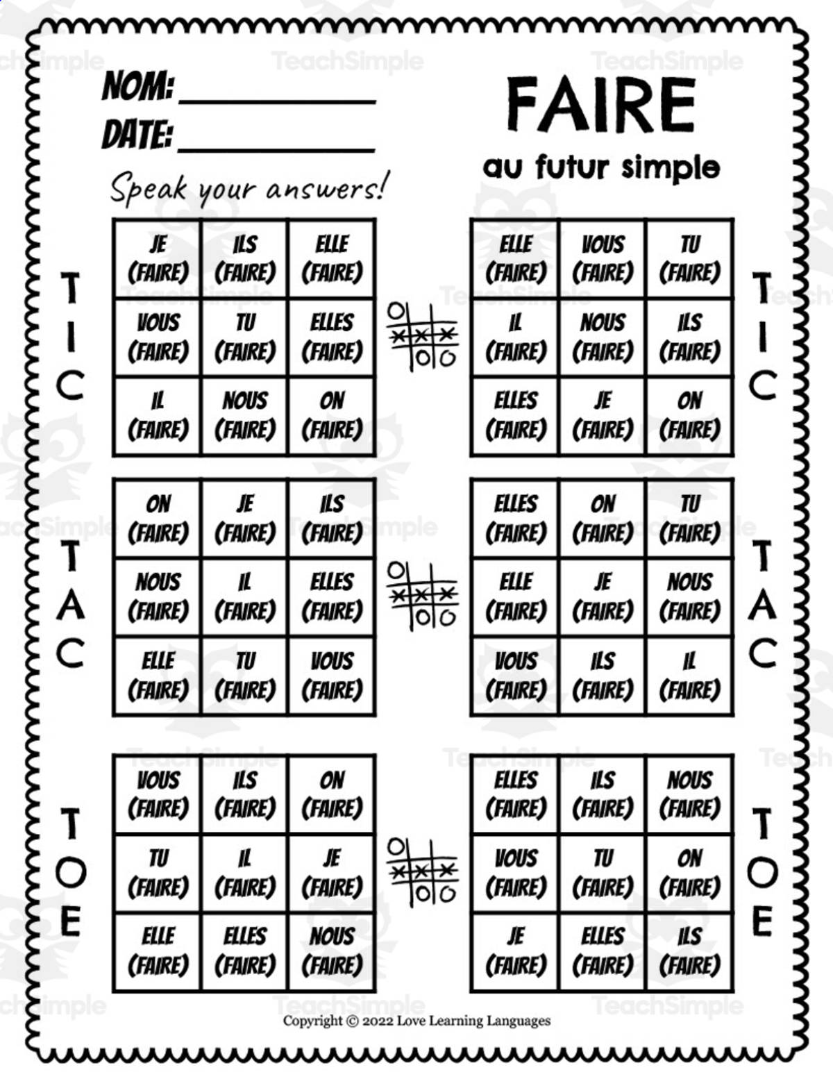 An educational teaching resource from Love Learning Languages entitled French: Futur Simple Tic Tac Toe Game downloadable at Teach Simple.