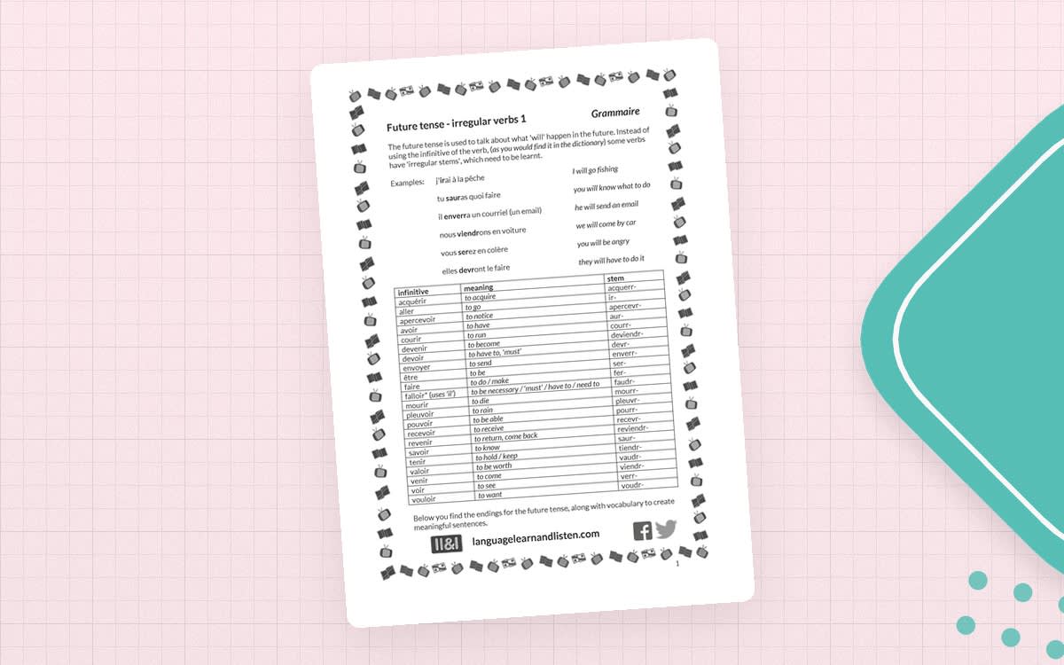 An educational teaching resource from Language Learn and Listen entitled French Future Tense – Irregular Verbs Worksheet downloadable at Teach Simple.