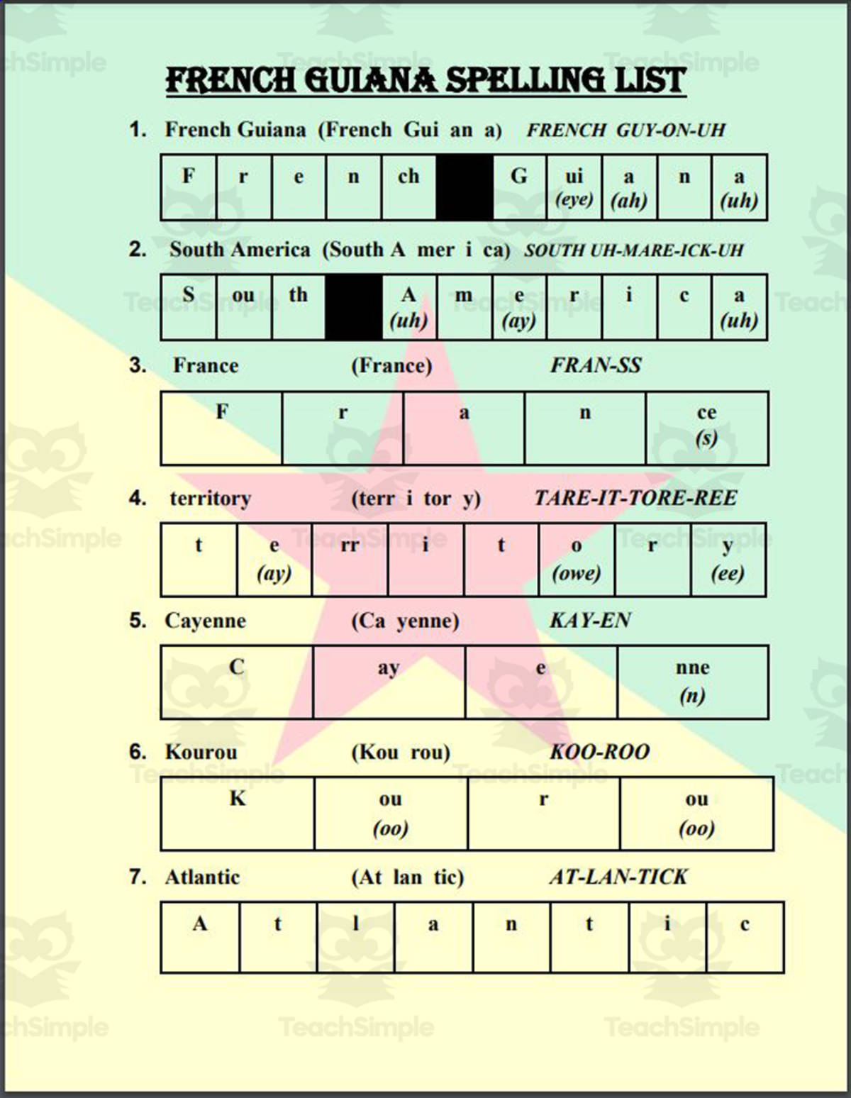 An educational teaching resource from Mr. Matthews Teacher Store entitled French Guiana (FRA) Spelling List downloadable at Teach Simple.