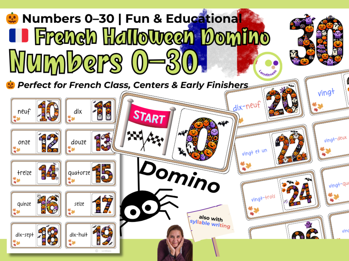An educational teaching resource from Lernfitness entitled French Halloween Domino Game – Numbers 0–30 and Number Words downloadable at Teach Simple.