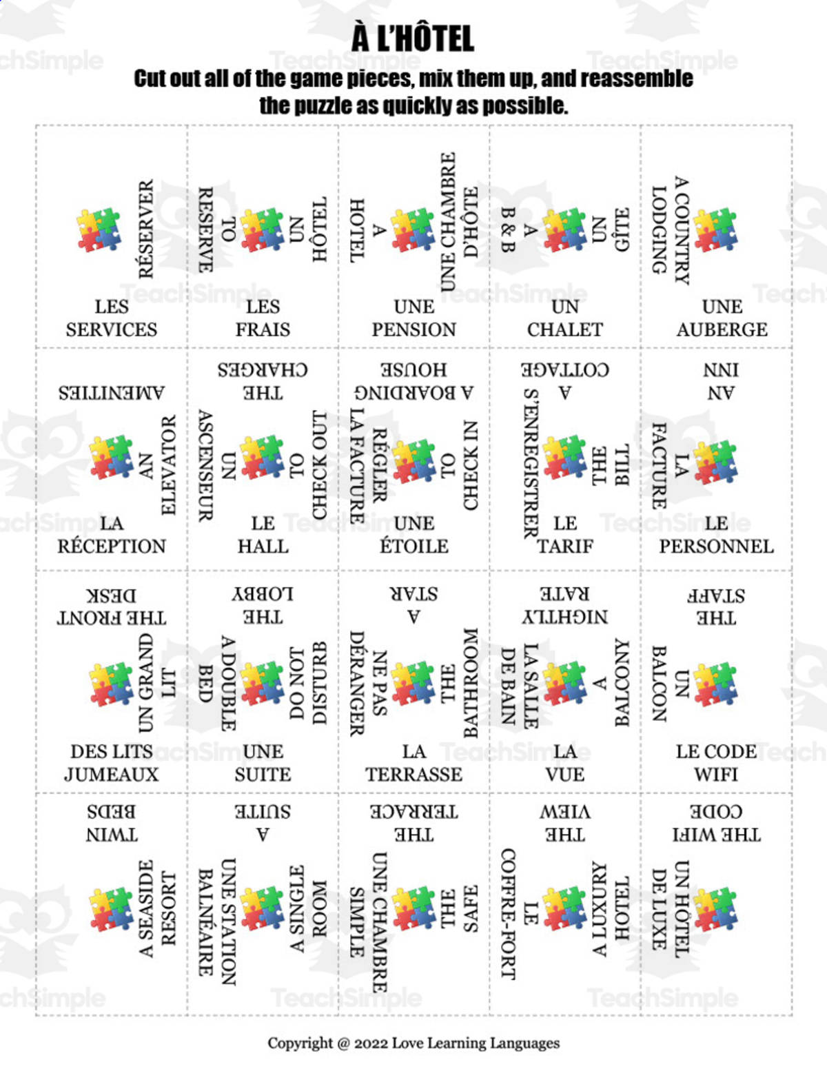 An educational teaching resource from Love Learning Languages entitled French: HOTEL Vocabulary Puzzle downloadable at Teach Simple.