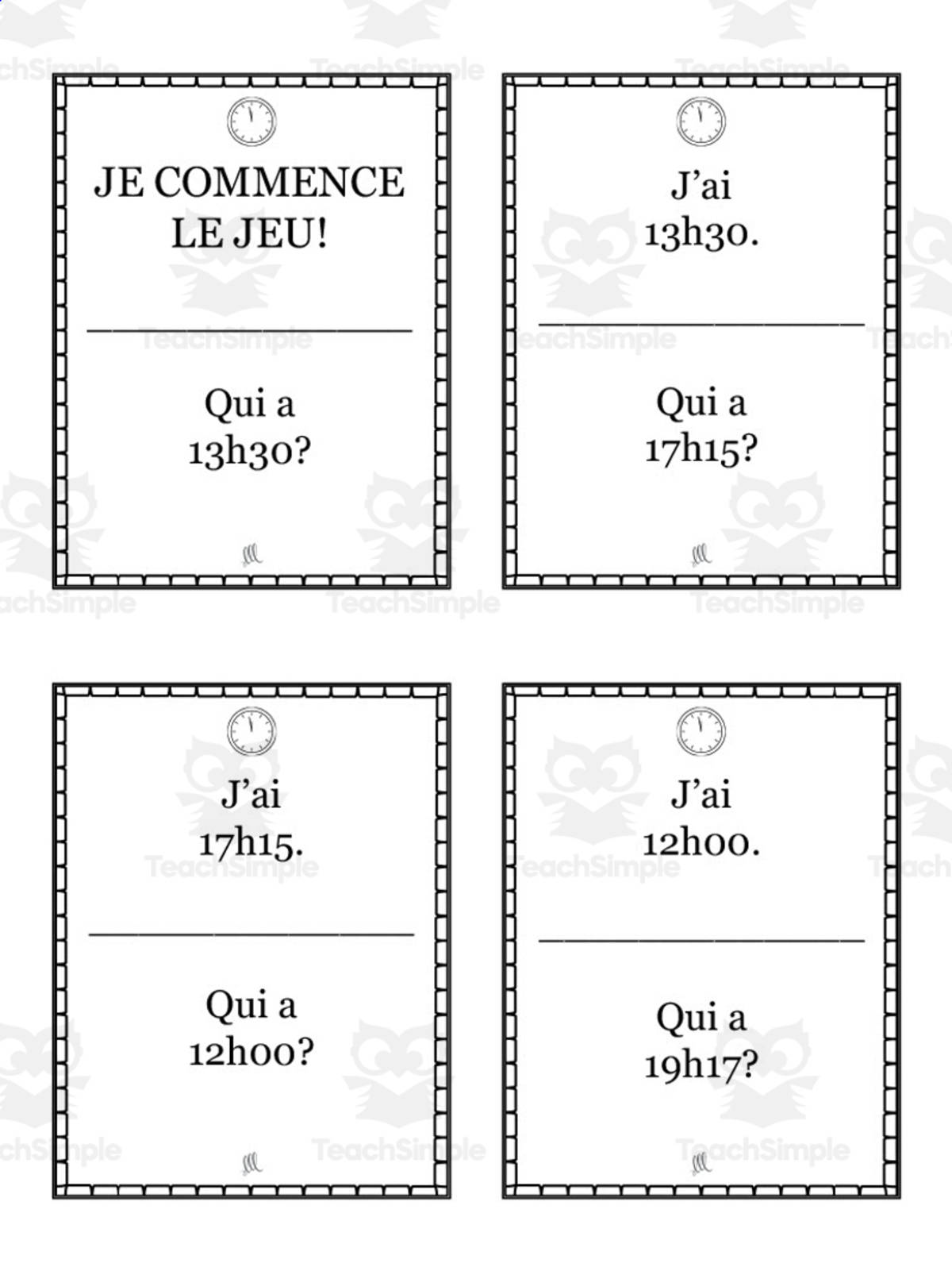 An educational teaching resource from Love Learning Languages entitled French: "I Have Who Has 24 Hour Clock" Task Cards downloadable at Teach Simple.
