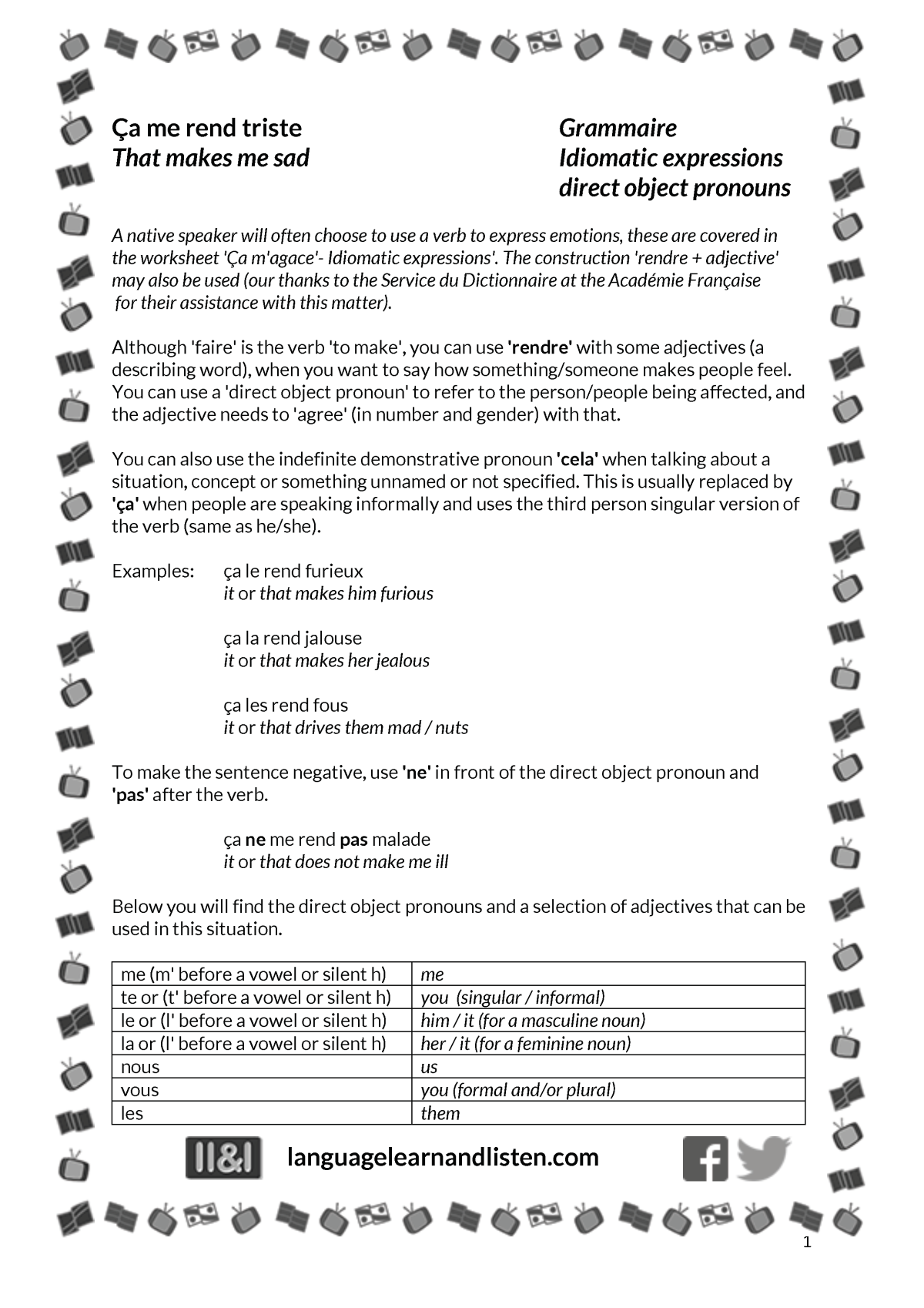 An educational teaching resource from Language Learn and Listen entitled French - Idiomatic expressions using 'rendre' with adjectives and direct object pronouns downloadable at Teach Simple.