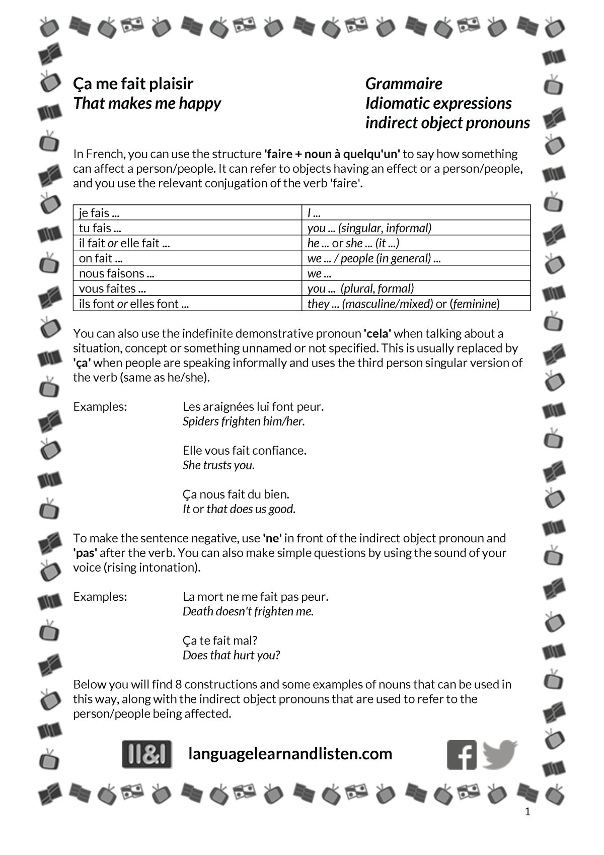 An educational teaching resource from Language Learn and Listen entitled French - Idiomatic expressions with 'faire' and indirect object objects downloadable at Teach Simple.