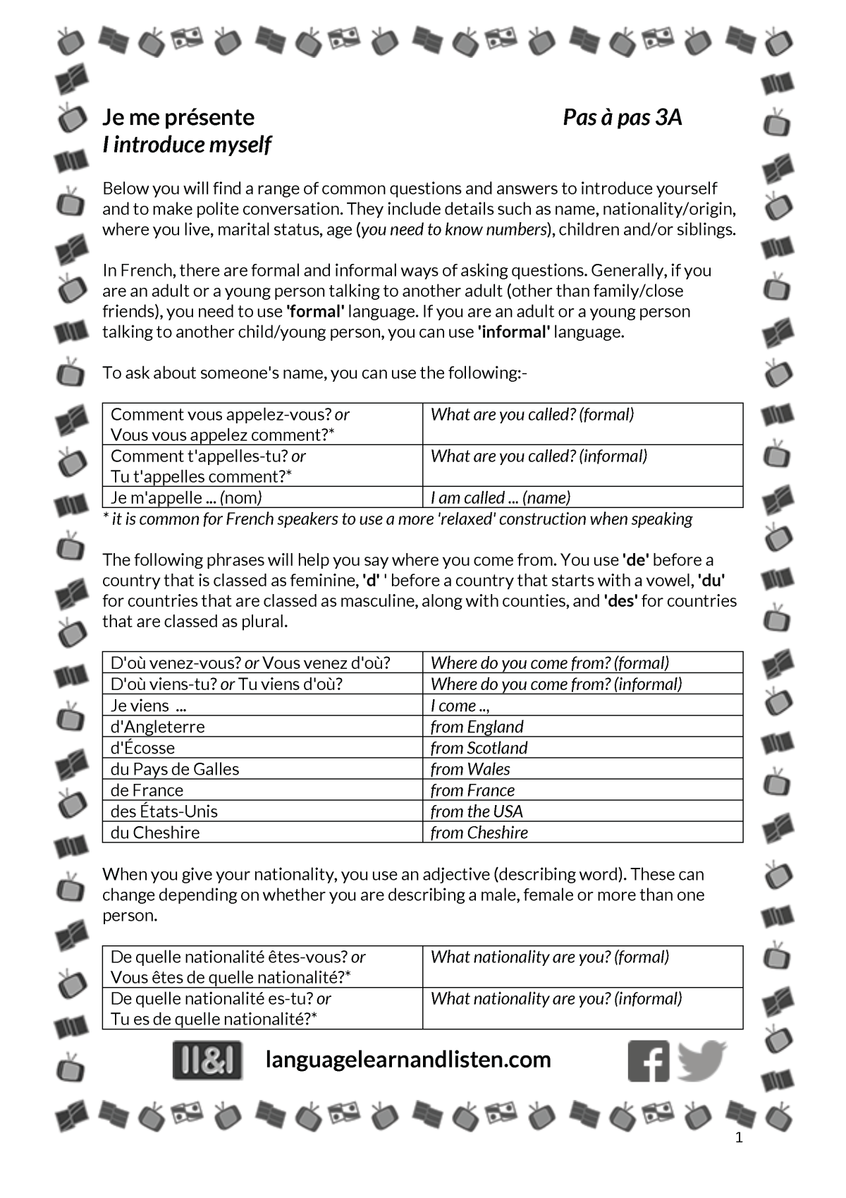 An educational teaching resource from Language Learn and Listen entitled French: Introducing myself downloadable at Teach Simple.